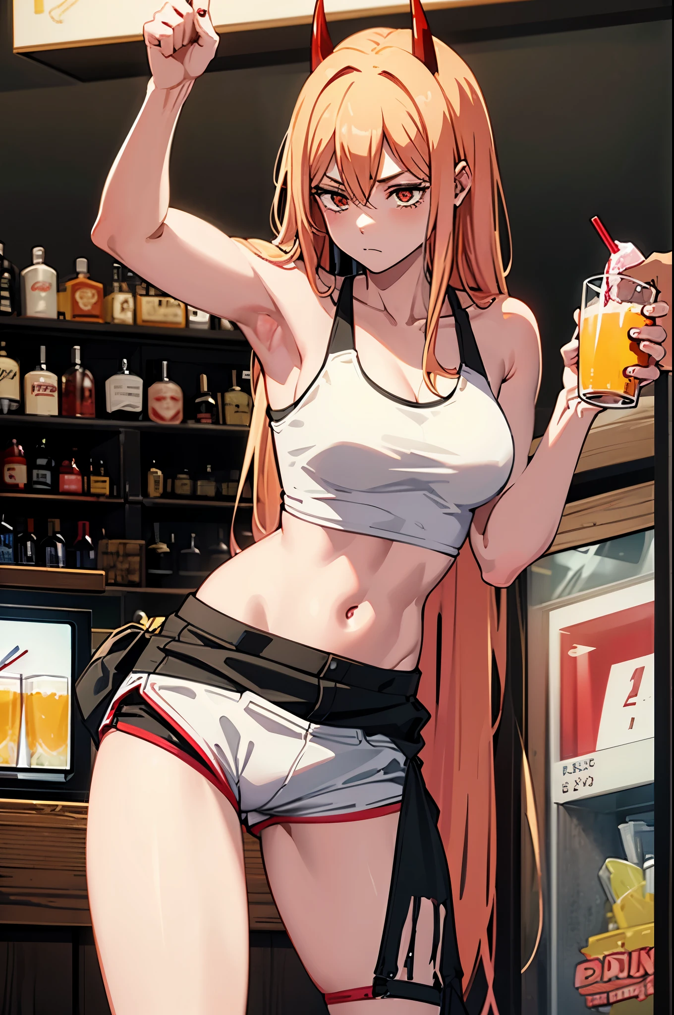 1 girl, Power, chainsawman anime, red horns, yellow hair, ((strip bar)), white tank top, (woman boxer black shorts), bartender, long hair, (shading)