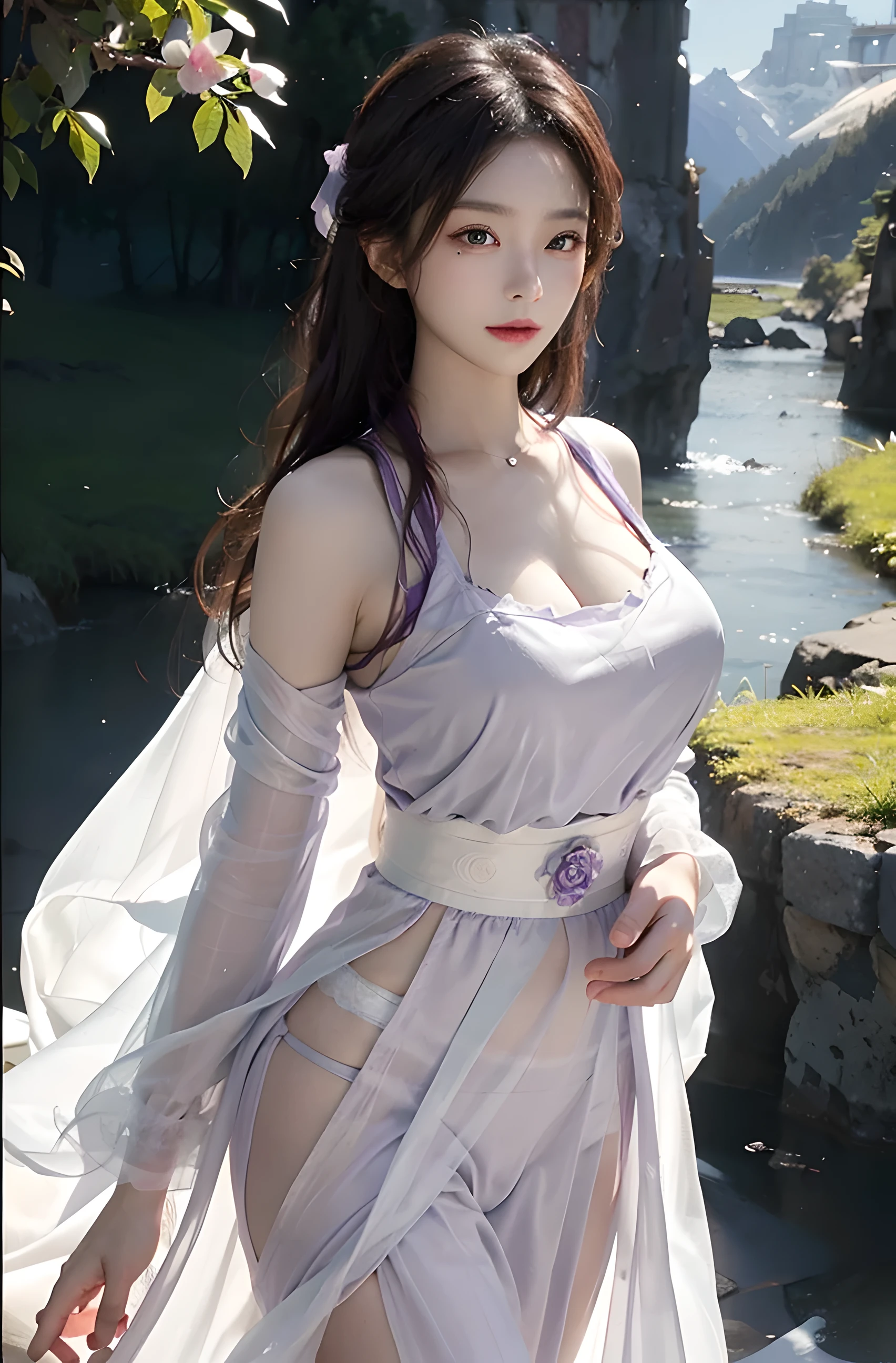 top-quality、masterpiece、超A high resolution、(Realistic:1.4)、Raw photo、1 23-year-old girl、, sexy purple dress, lighting like a movie