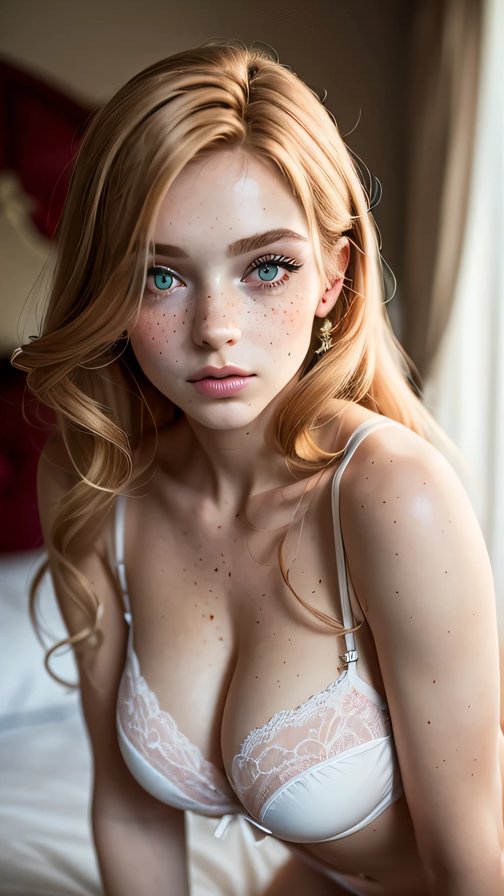 (masterpiece:0.8, best quality:1.5), ((portrait)) Ginger barbie girl, cleargreen eyes, leaning forward, pink white lace lingerie, bedroom, bed, bokeh, freckles:0.4