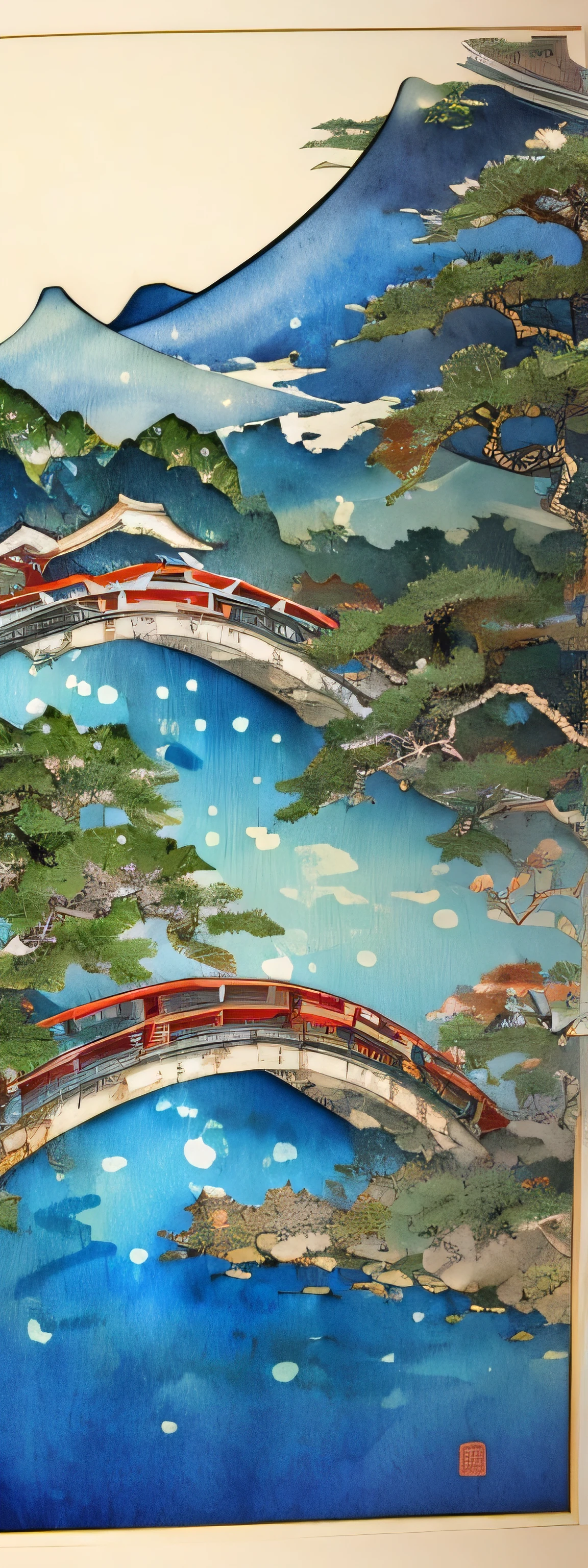 Japanes style water color and ink style image of fuedal Japan. Emporor's temple.