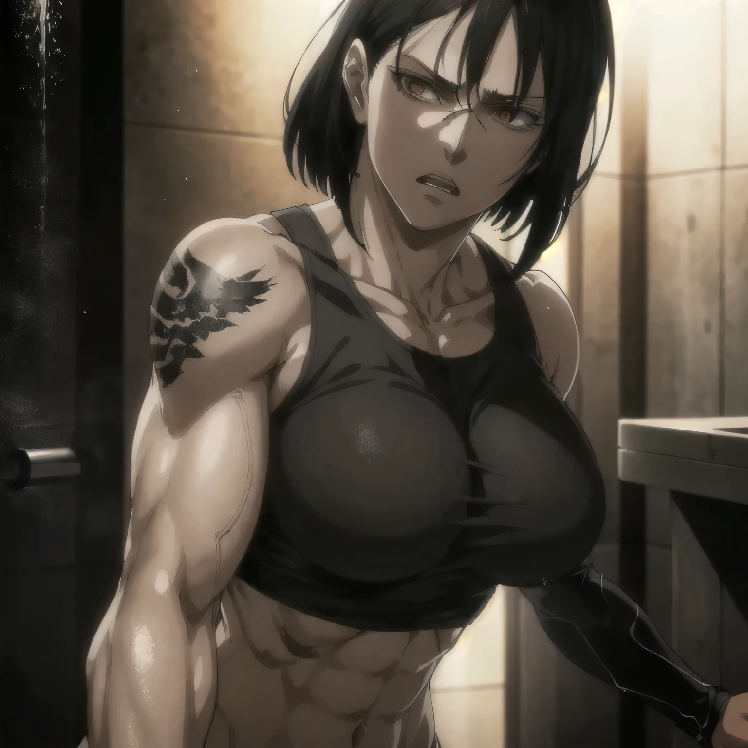 (best quality,ultra-detailed,realistic:1.37), military, muscular girl with sculpted body wearing a tank top, beautiful tattoo on girl's shoulder, full review of the female character's face and body, intense expression, strong and confident posture, studio lighting, vivid colors, physiologically-based rendering, grungy texture, rugged background, dust particles in the air, commanding presence, professional, powerful, gritty aesthetics,shower