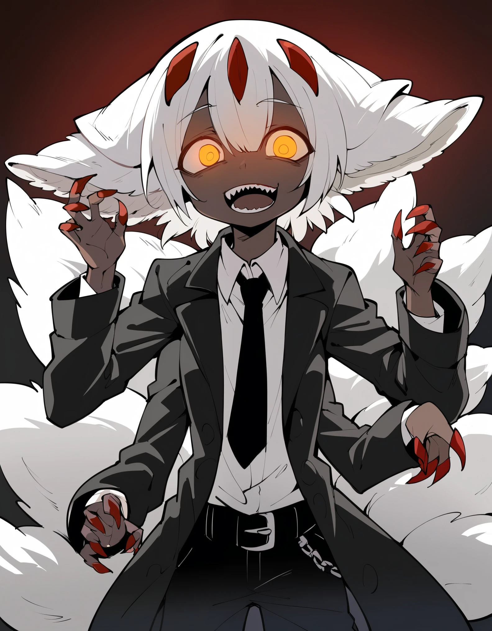 Faputa, 1girl, dark skin, dark-skinned girl, white hair, short hair, 4arms, red claws, multiple tails, yellow eyes, yawning, white fur, animal ears, smug, medium breasts, black coat, long coat, open coat, white shirt, black necktie, black pants, belt, dark background, creepy, horror \(theme\), grain, red background, smile, looking at viewer, ((ringed eyes)), glowing eyes, dark theme, low light,, 