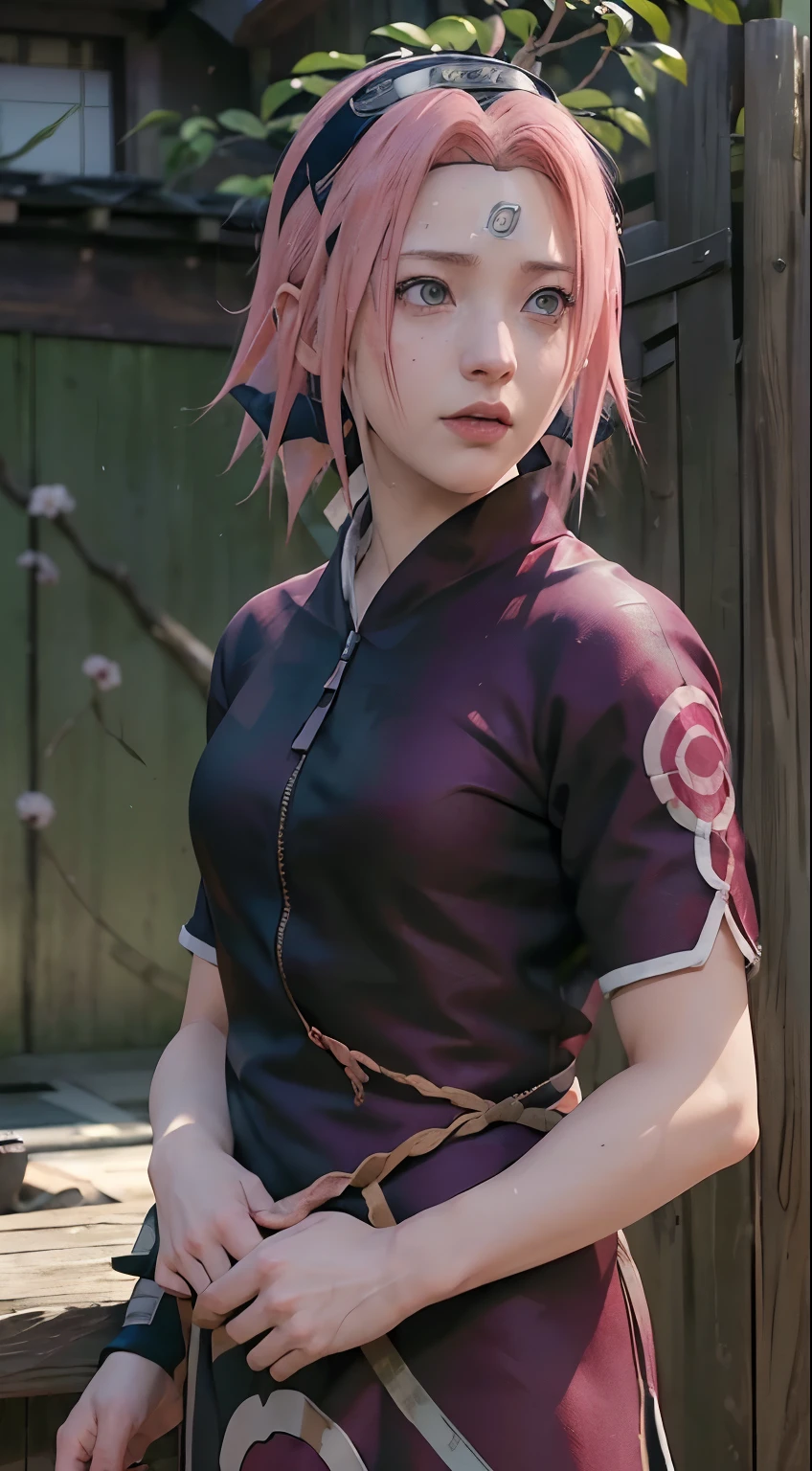 ((Sakura_haruno(Naruto_Series), rosa_Hair, verde_olho, curto_Hair, Ninja_roupa de banho))(high-definition, sunlight:0.5, Atmospheric_The lighting, 8k, 4k, hyper-realistic, elegante, ((((cinematic appearance)))), tons suaves, soft cinematic lights)