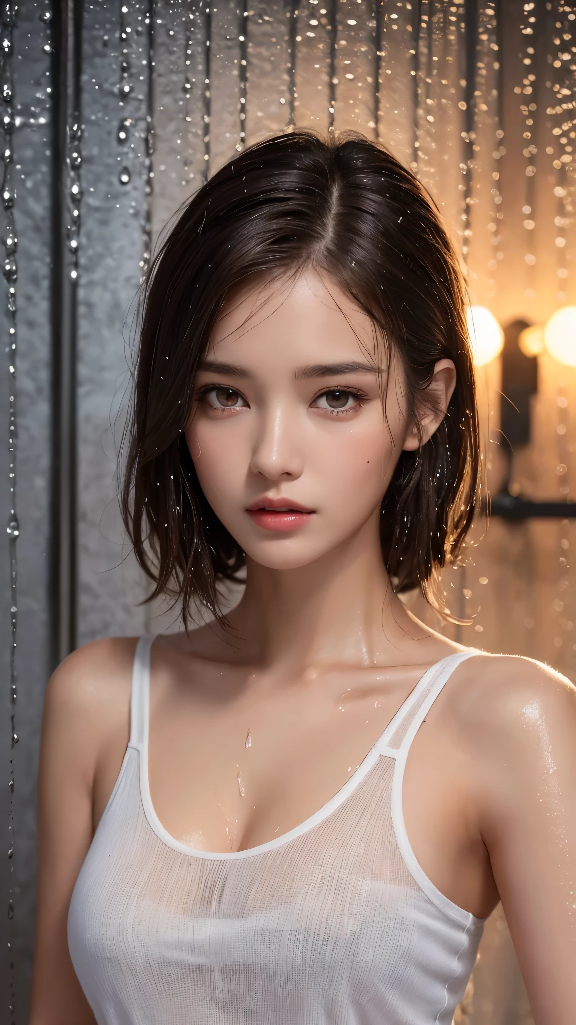 (Top Quality, 4k, Masterpiece: 1.3), Beauty, 1 Girl, Sexy: 1.1, Dark Brown Hair: 1.1, (Wet Rain, Wet Body: 1.2), White Tank Top, Ultra Detailed Face, Detailed Lips, Detailed Eyes, Double Eyelids Short Hair Smile