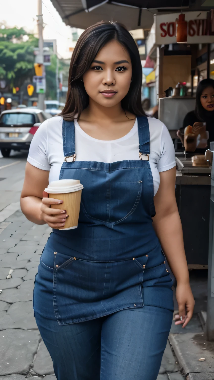 sexy and attractive indonesian woman wearing a jeans apron,plus size,chubby, the woman must be alone, holding a cup of coffee, she is at a food stand on the sidewalk, she must have perfect hands, she must show an impressed expression