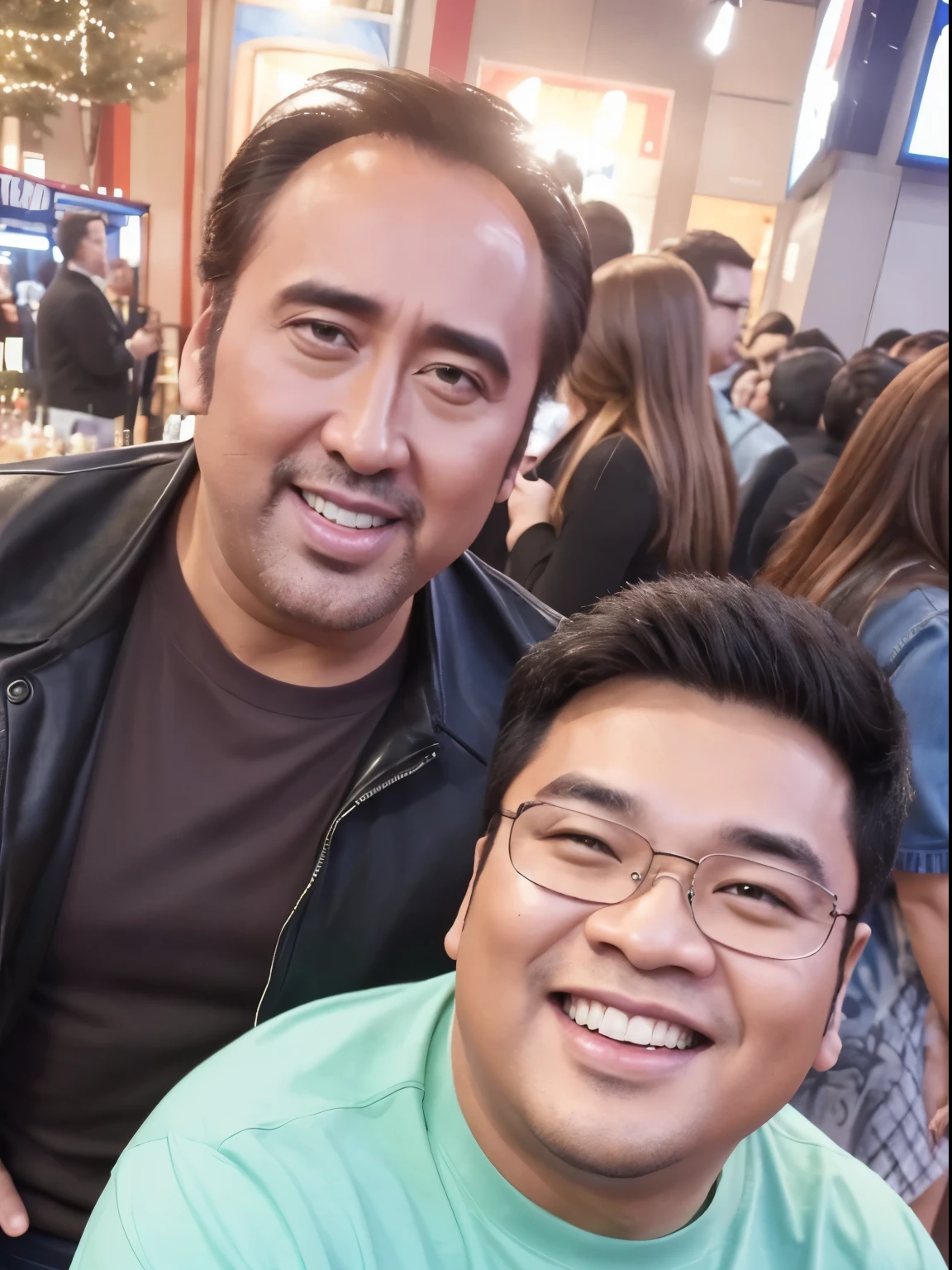 (Best quality, 8k, 32k, Masterpiece, UHD:1.2)  "Generate an image featuring a chubby Filipino man with short black hair and eyeglasses, standing next to a celebrity ladies of Nicolas Cage ((Nicolas Cage)). Both individuals are posing together and smiling as if taking a selfie.

Ensure that the chubby Filipino man's appearance is depicted accurately, with attention to his facial features and physique. Emphasize his friendly and jovial demeanor through his expression and body language.

The celebrity should be recognizable and exude a sense of warmth and approachability. Depict them in stylish attire suitable for a casual gathering or event.

Create a backdrop that complements the setting, such as a trendy urban environment or a bustling public space. Incorporate elements that enhance the scene's jovial atmosphere, such as colorful decorations or festive lighting.

Capture the interaction between the two individuals authentically, conveying a sense of camaraderie and shared enjoyment."