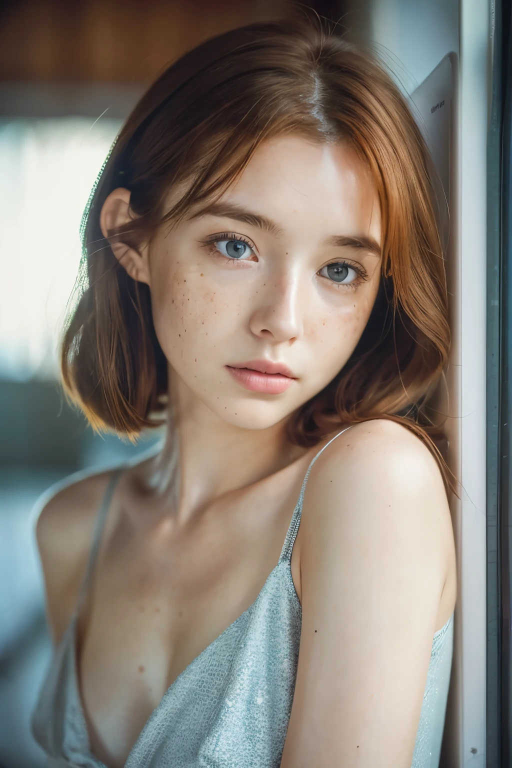 1 girl, 19 years old, alone, aesthetic artwork, irish redhead, wavy ginger hair, Shoulder length ginger hair, gray eyes, 明るいgray eyes, some small freckles, pale skin, cup, small breasts, runner body, (rough skin, skin pores:1.1), (mole:0.8), imperfect skin,  (very detailed8K壁紙), soft lighting, high quality, film grain, Fujifilm XT3 Sharp Focus, f5.6, 50mm, high detail, sharp focus,(Natural light), In a navy blue dress. Crazy details that show the whole body, intricate details, very detailed