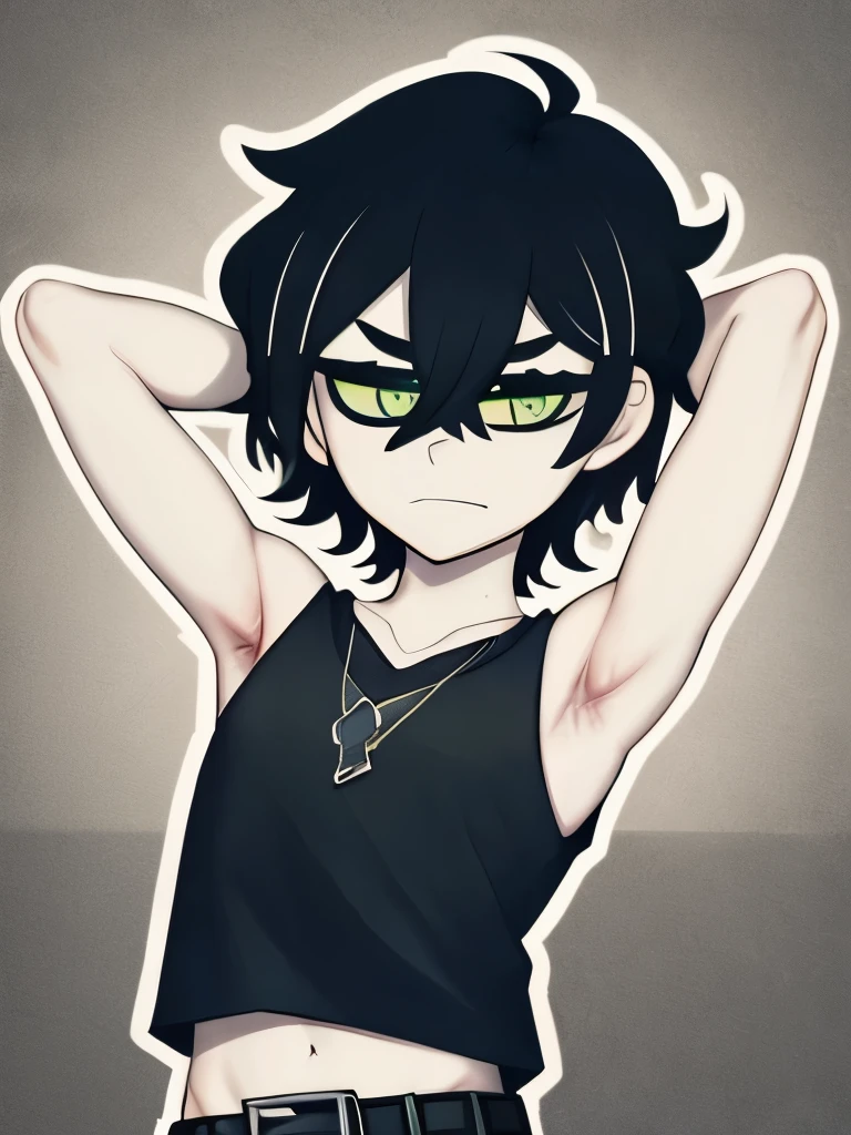 monochrome,tcoaal, Solo, looking at viewer, short hair, 1boy, Boy, hair between eyes, closed mouth, Black hair, Green eyes, Sleeveless hoodie, upper body, (Showinh armpit:1.3), ahoge, Belt, male focus, black background, Messy hair, bright pupils, outline, white pupils, black shirt, white outline, Uhd, 