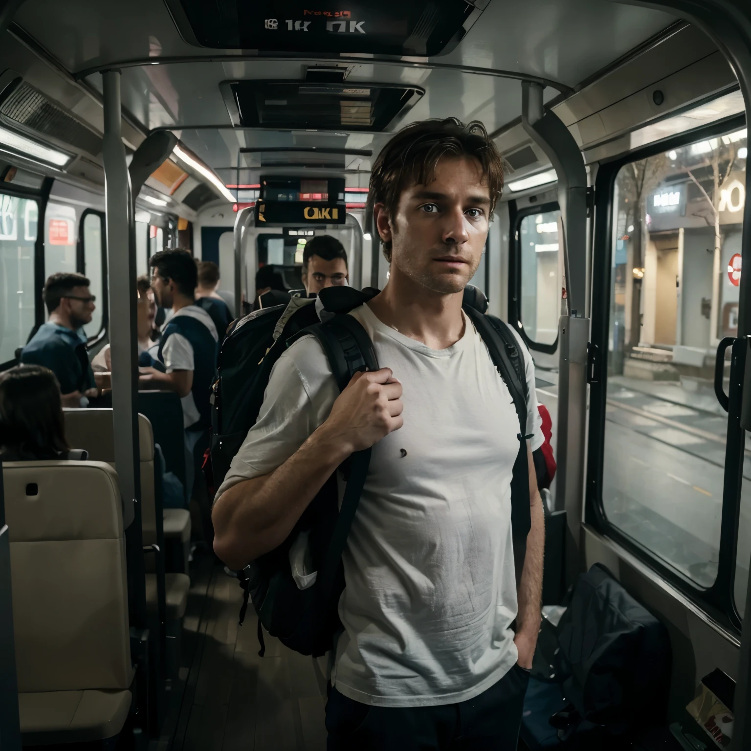 (best quality,4k,8k,highres,masterpiece:1.2),ultra-A white man returning from work late at night, surrounded by people, standing inside a bus with a backpack on his back, an old shirt, with a desperate face, scared and with a tired look looking through the bus window. (redo background image).
