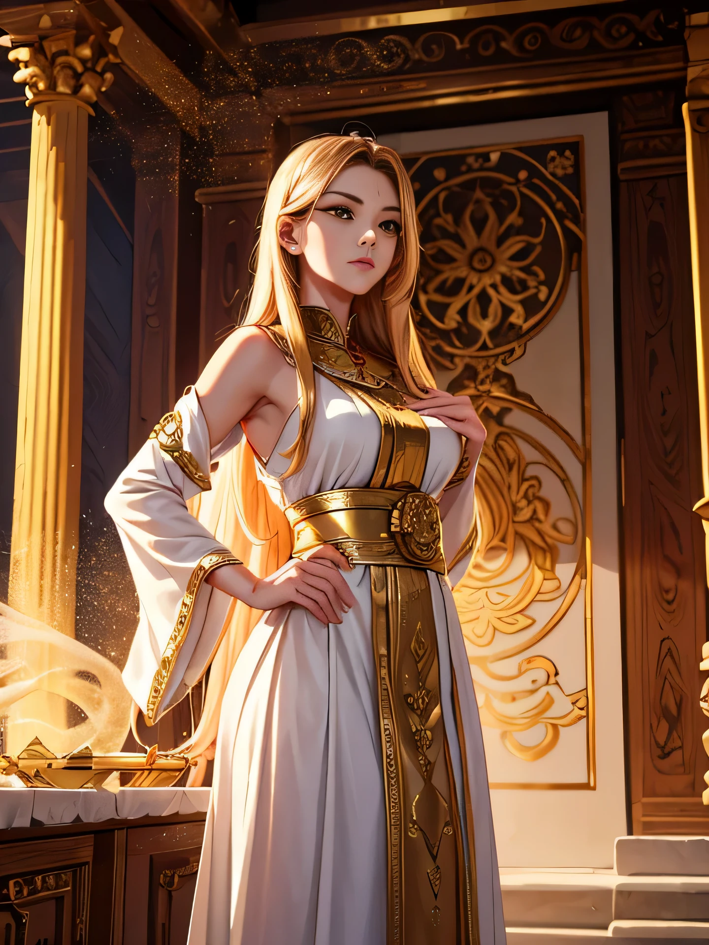 highest quality,4K,8K,High resolution,masterpiece:1.2),Super detailed, real, effect, Precise, graphic, ancient temple, History, mysterious, ghost, Deep bonds, Traditional, ceremony, Precision, bless, sense of presence, special, symbol, Long hair white, golden eyes, insight, elegant, a sword on her hip.