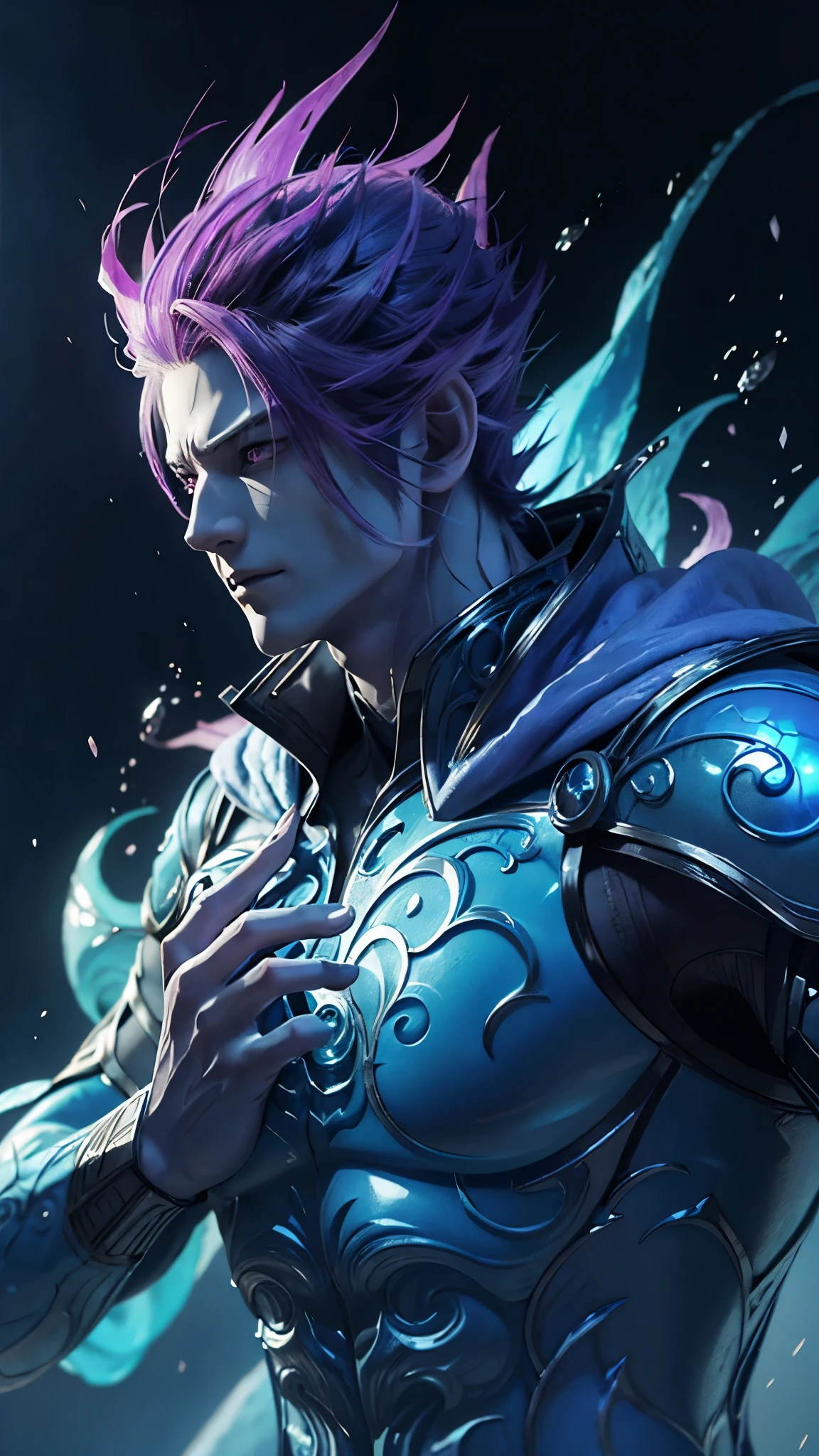 anime character with purple hair and glowing eyes in front of a dark background, handsome guy in demon slayer art, epic fantasy art style, badass anime 8 k, epic fantasy digital art style, detailed digital anime art, human male demon, portrait of hades, epic fantasy art style hd, fierce expression 4k, demon male, extremely detailed artgerm