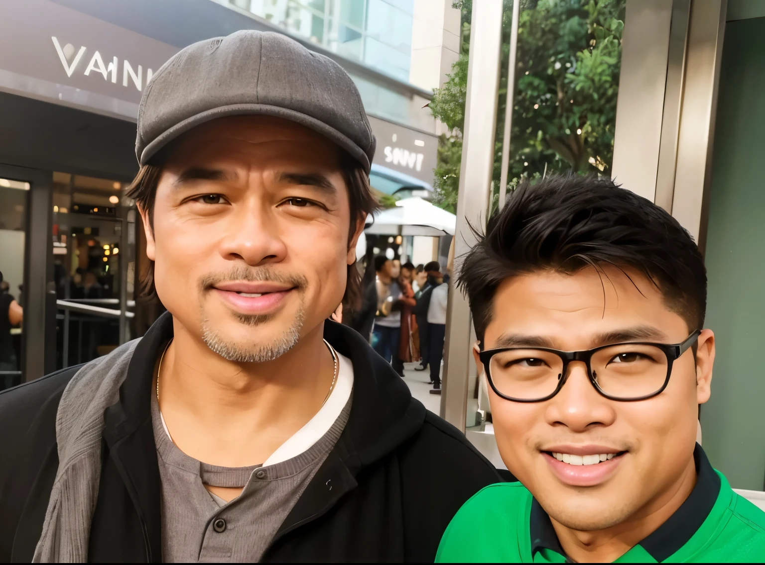 (Best quality, 8k, 32k, Masterpiece, UHD:1.2) "Generate an image featuring a chubby Filipino man with short black hair and eyeglasses, standing next to a celebrity ladies of Brad Pitt ((Brad Pitt)). Both individuals are posing together and smiling as if taking a selfie.
Ensure that the chubby Filipino man's appearance is depicted accurately, with attention to his facial features and physique. Emphasize his friendly and jovial demeanor through his expression and body language.
The celebrity should be recognizable and exude a sense of warmth and approachability. Depict them in stylish attire suitable for a casual gathering or event.
Create a backdrop that complements the setting, such as a trendy urban environment or a bustling public space. Incorporate elements that enhance the scene's jovial atmosphere, such as colorful decorations or festive lighting.
Capture the interaction between the two individuals authentically, conveying a sense of camaraderie and shared enjoyment."