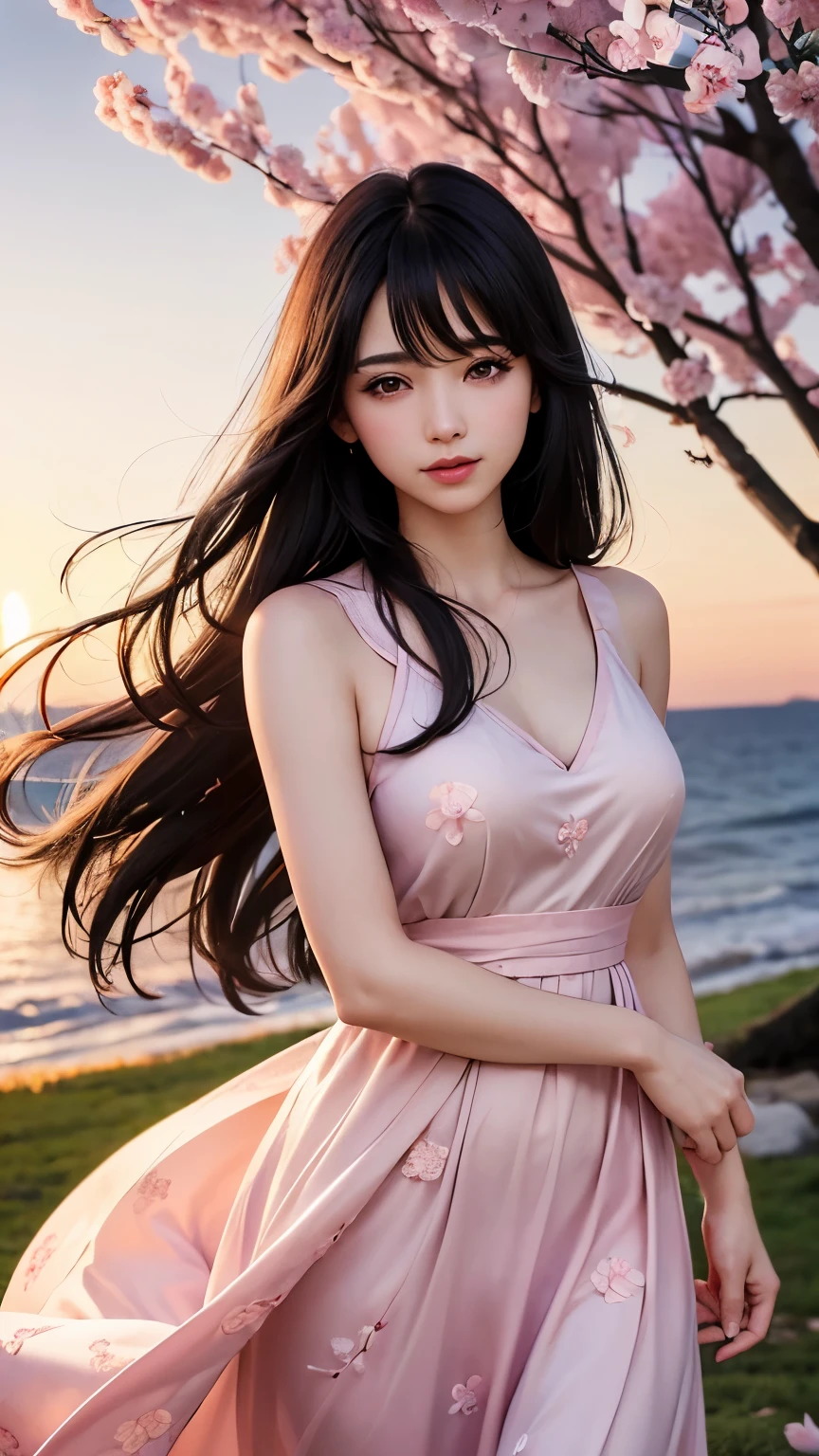 (logo、masterpiece、8K、table top、Raw photo、wonderful、最high quality、フォトリアリスティックでvery detailedな CG 統合 8k 壁紙、high quality、very detailed、narrative poem、particle effects、dynamic effects、Depth of the bounds written、cinematic light、Lens flare、ray tracing)、fantasy、 (1 beautiful woman、dress、dress、cherry blossom pattern、black haired、beautiful face、real face、beautiful details eyes beautiful skin)、髪がWindで踊る、Hair flutters in Wind、hair bounces、pink cherry tree、petals dance、SakuraFubuki、Spectacular view、sunrise、sun on background、Wind、