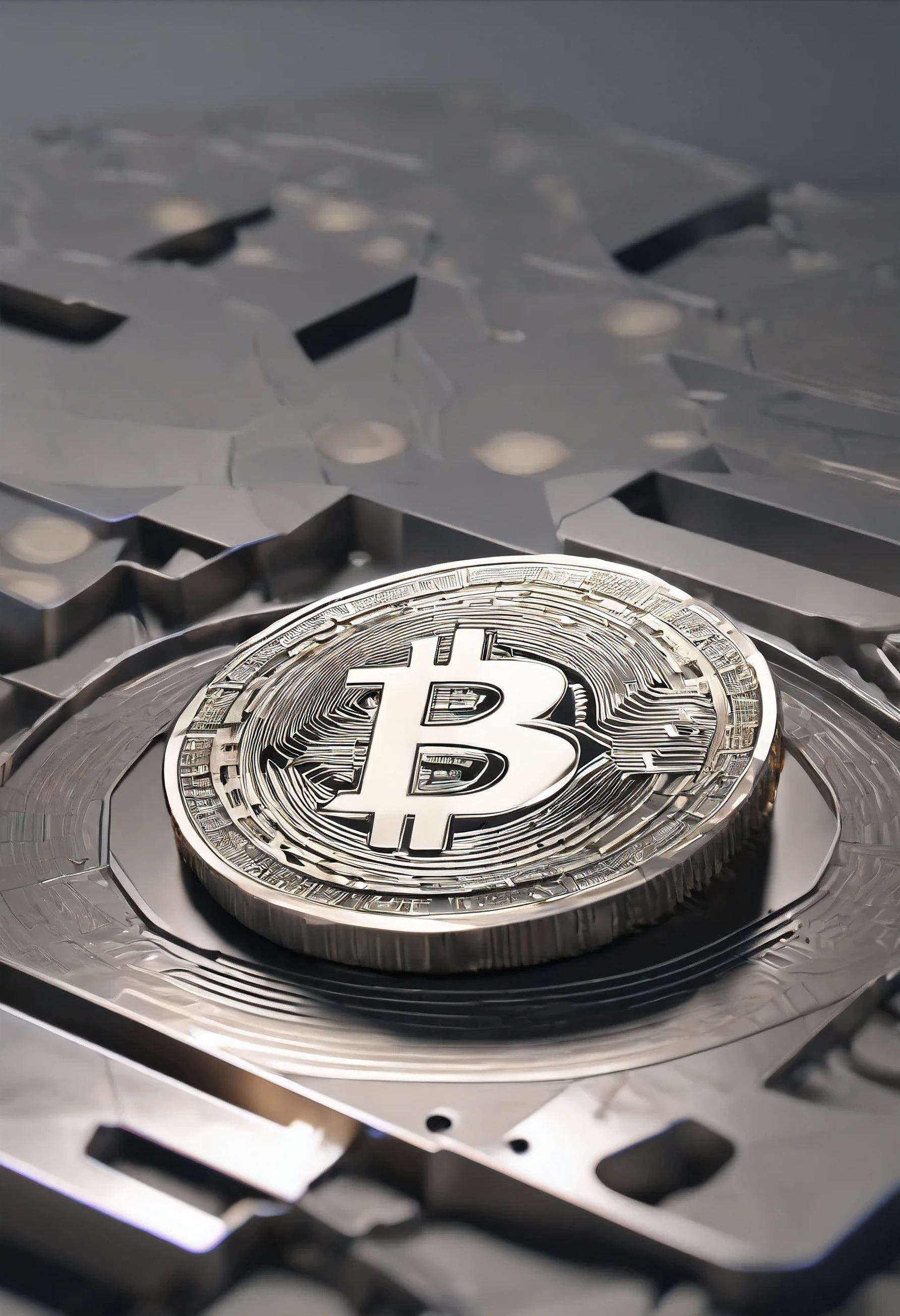 One broken crypto coin, Gray,stands on a tray, the shadow recedes, Close plan, dark background