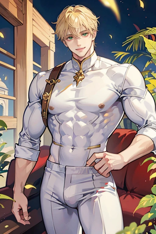 white male, blonde hair, muscular, tight white shirt, red pants, giant bulge, brown eyes, young male, anime style, sly smile, full body, perfect face