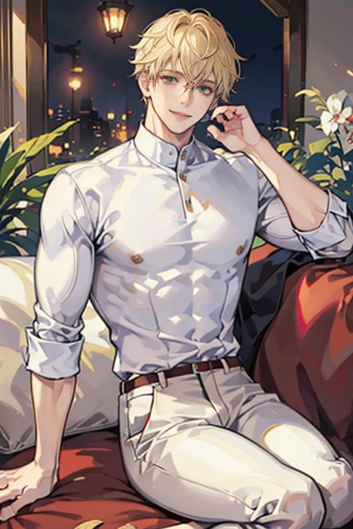 white male, blonde hair, muscular, tight white shirt, red pants, giant bulge, brown eyes, young male, anime style, sly smile, full body, perfect face