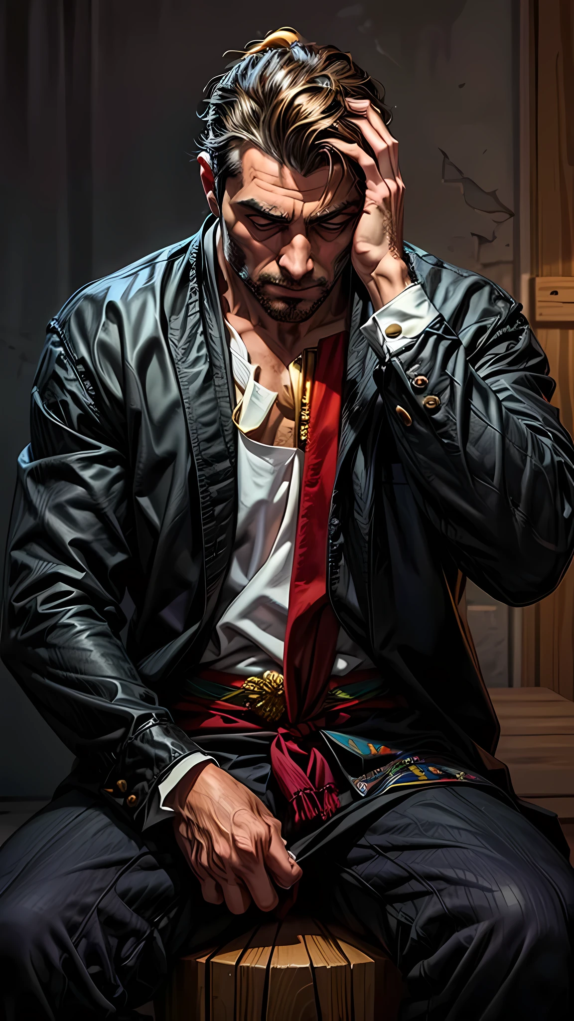 A man with hand on head, obra de arte, tradicional_media, Melhor qualidade, [realista], CG extremamente detalhado