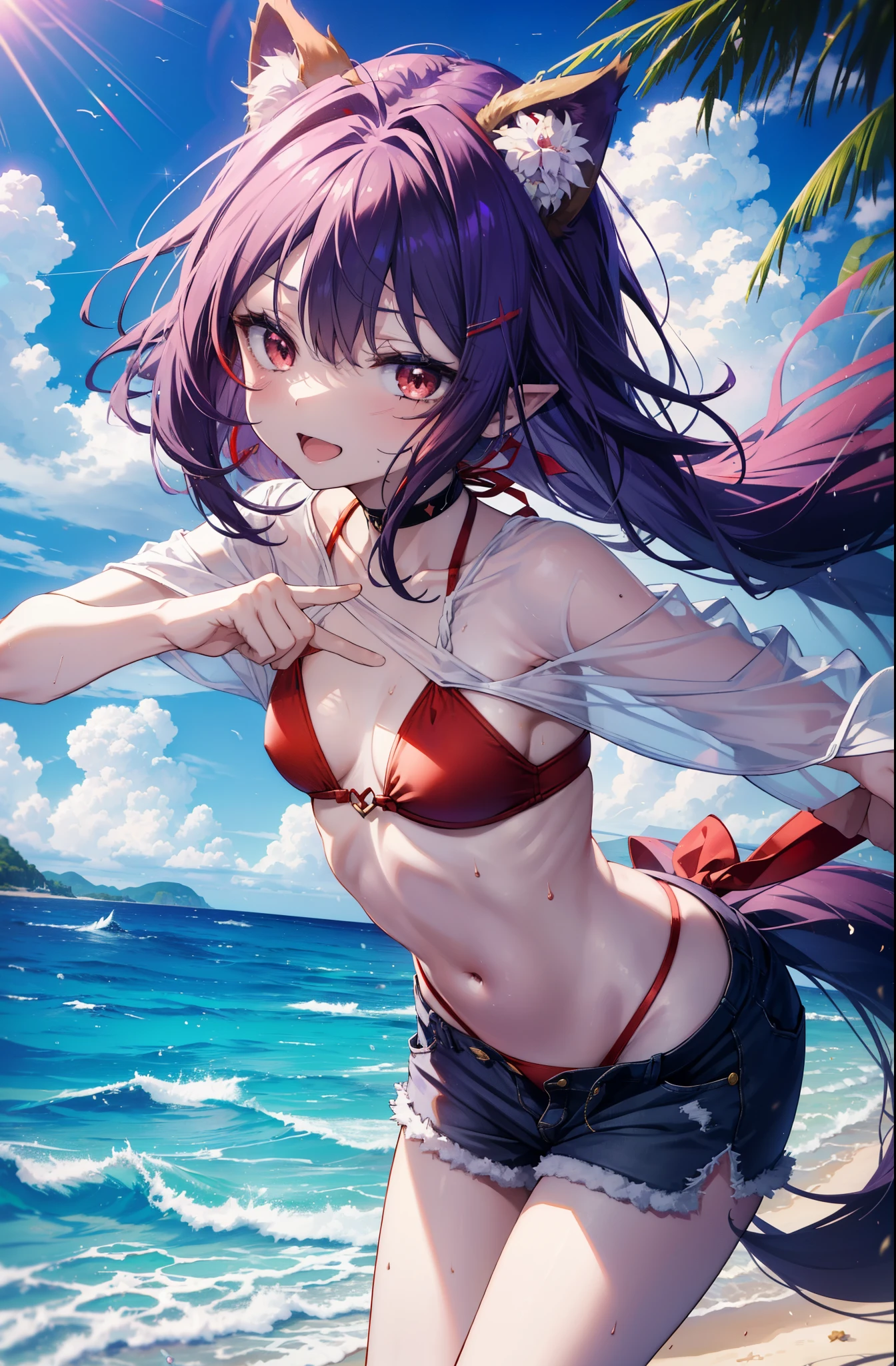 yuukikonno, Yuki Konno, hair band, long hair, pointed ears, purple hair, (red eyes:1.5),happy smile, smile, open your mouth, Are standing,
From above, (small breasts:1.2), ,dog ears,animal ears　dog tail,Red Bikini Swimsuit,purple short sleeve hoodie　front open,,short denim pants,barefoot,barefoot,beach, sandy beach,Palm tree,Midsummer,Light of the sun,noon,
break looking at viewer, Upper body, whole body, (cowboy shot:1. 5
break outdoors, beach,
break (masterpiece:1.2), highest quality, High resolution, unity 8k wallpaper, (shape:0.8), (beautiful deしっぽed eyes:1.6), extremely deしっぽed face, perfect lighting, extremely deしっぽed CG, (perfect hands, perfect anatomy),