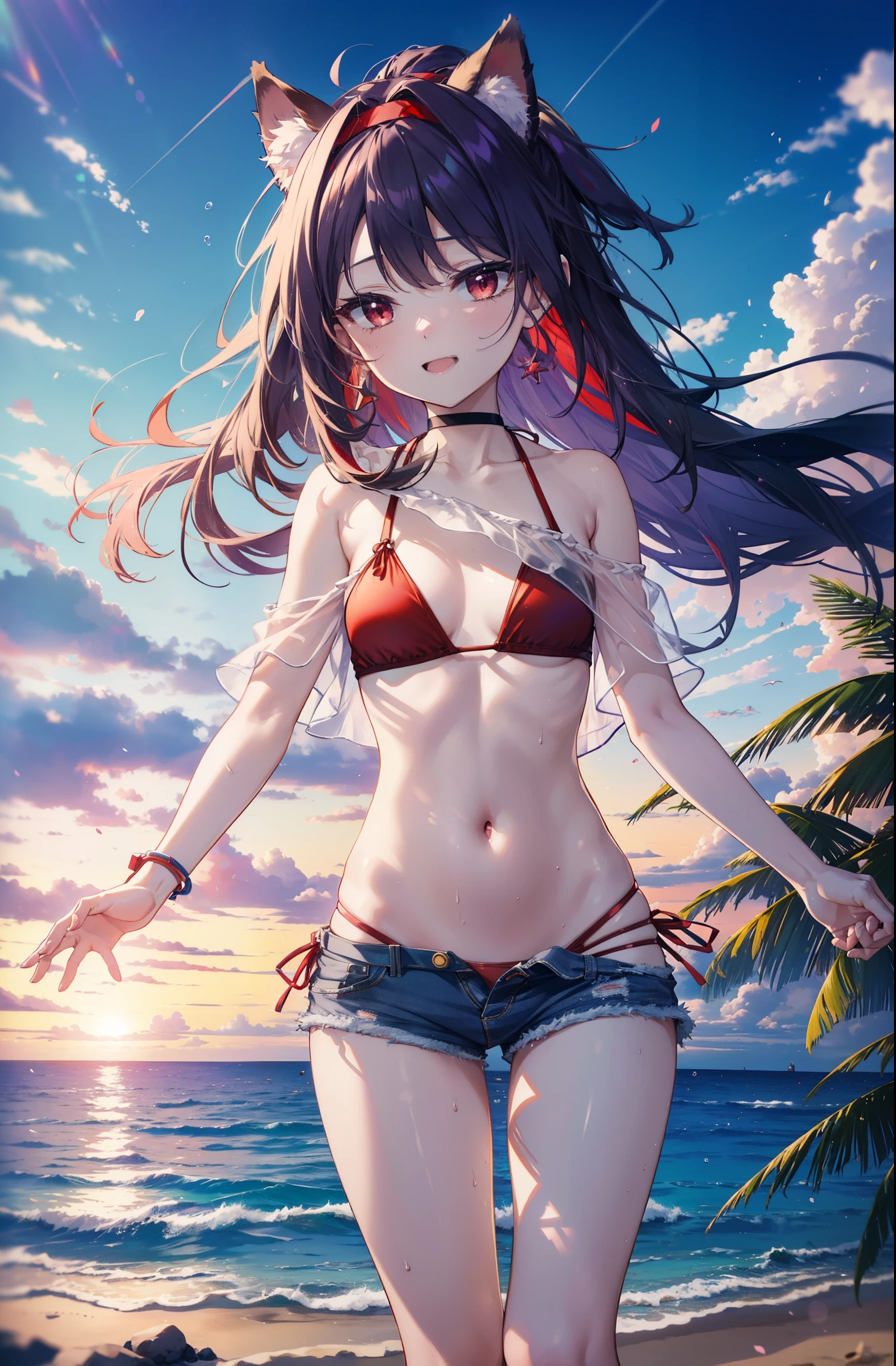 yuukikonno, Yuki Konno, hair band, long hair, pointed ears, purple hair, (red eyes:1.5),happy smile, smile, open your mouth, Are standing,
From above, (small breasts:1.2), ,dog ears,animal ears　dog tail,Red Bikini Swimsuit,purple short sleeve hoodie　front open,,short denim pants,barefoot,barefoot,beach, sandy beach,Palm tree,Midsummer,Light of the sun,noon,
break looking at viewer, Upper body, whole body, (cowboy shot:1. 5
break outdoors, beach,
break (masterpiece:1.2), highest quality, High resolution, unity 8k wallpaper, (shape:0.8), (beautiful deしっぽed eyes:1.6), extremely deしっぽed face, perfect lighting, extremely deしっぽed CG, (perfect hands, perfect anatomy),