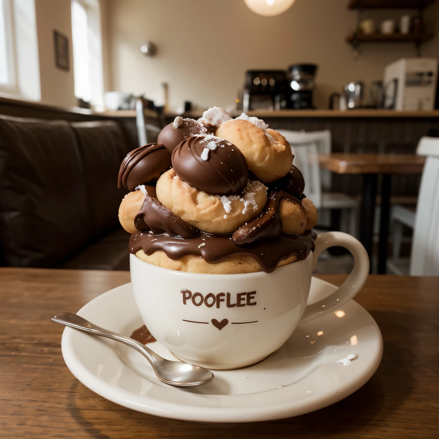 profiteroles in a coffee cup covered in chocolate and everything in the middle is a large photo, without people, front view, in a coffee shop without pictures and that there would be only three profiteroles in the cup and that the plate would be completely visible, take this cup away, make the cup smaller, light cup, put the cup down, and what would it say profitrolle on the cup