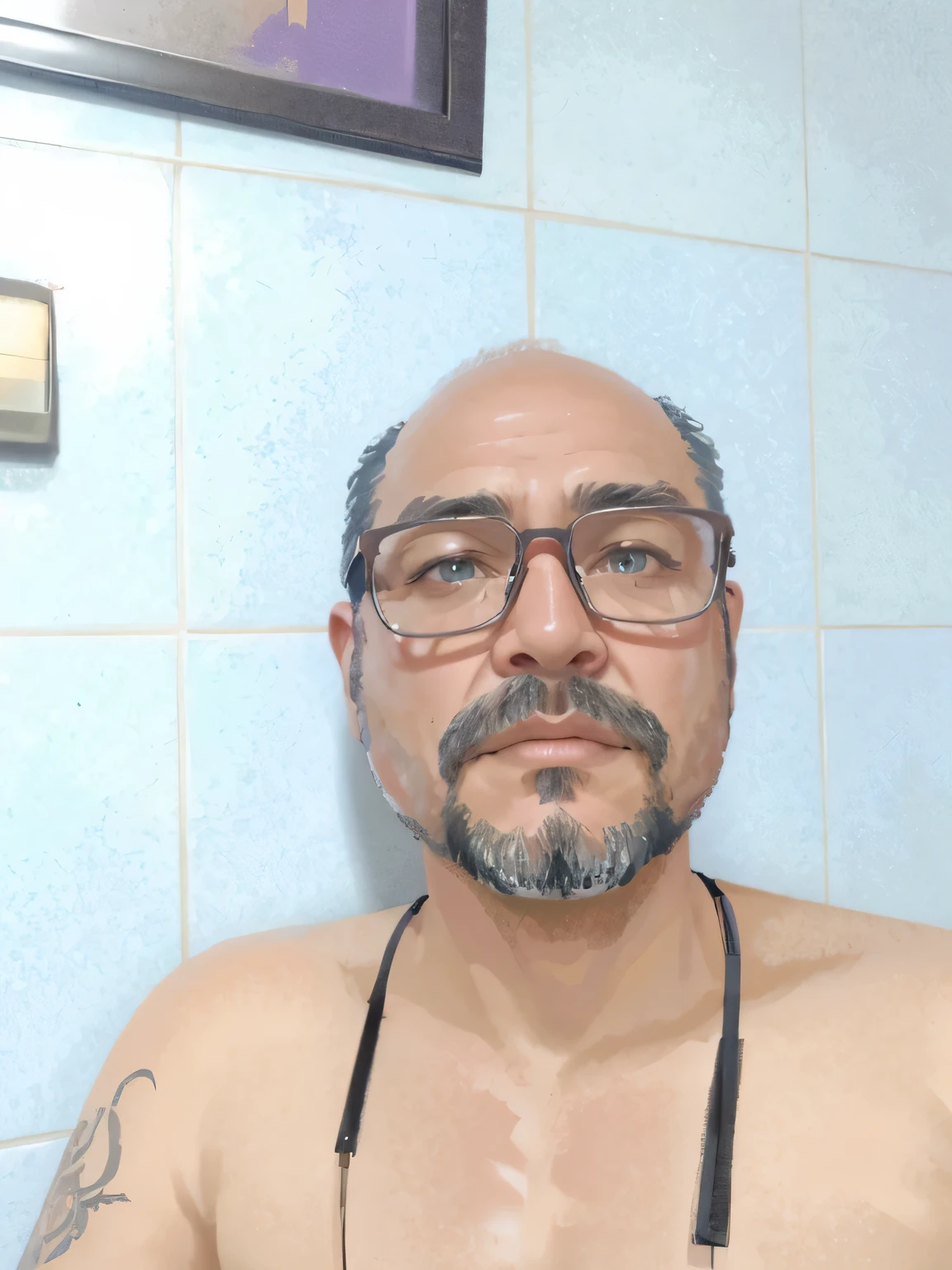 there is a man with a beard and glasses in a bathroom, 4 0 years old man, 5 0 years old man, (38 years old), 45 years old men, 38 years old, 3 6 years old, 3 2 years old, about 3 5 years old, 2 8 years old, 2 7 years old, 35 years old