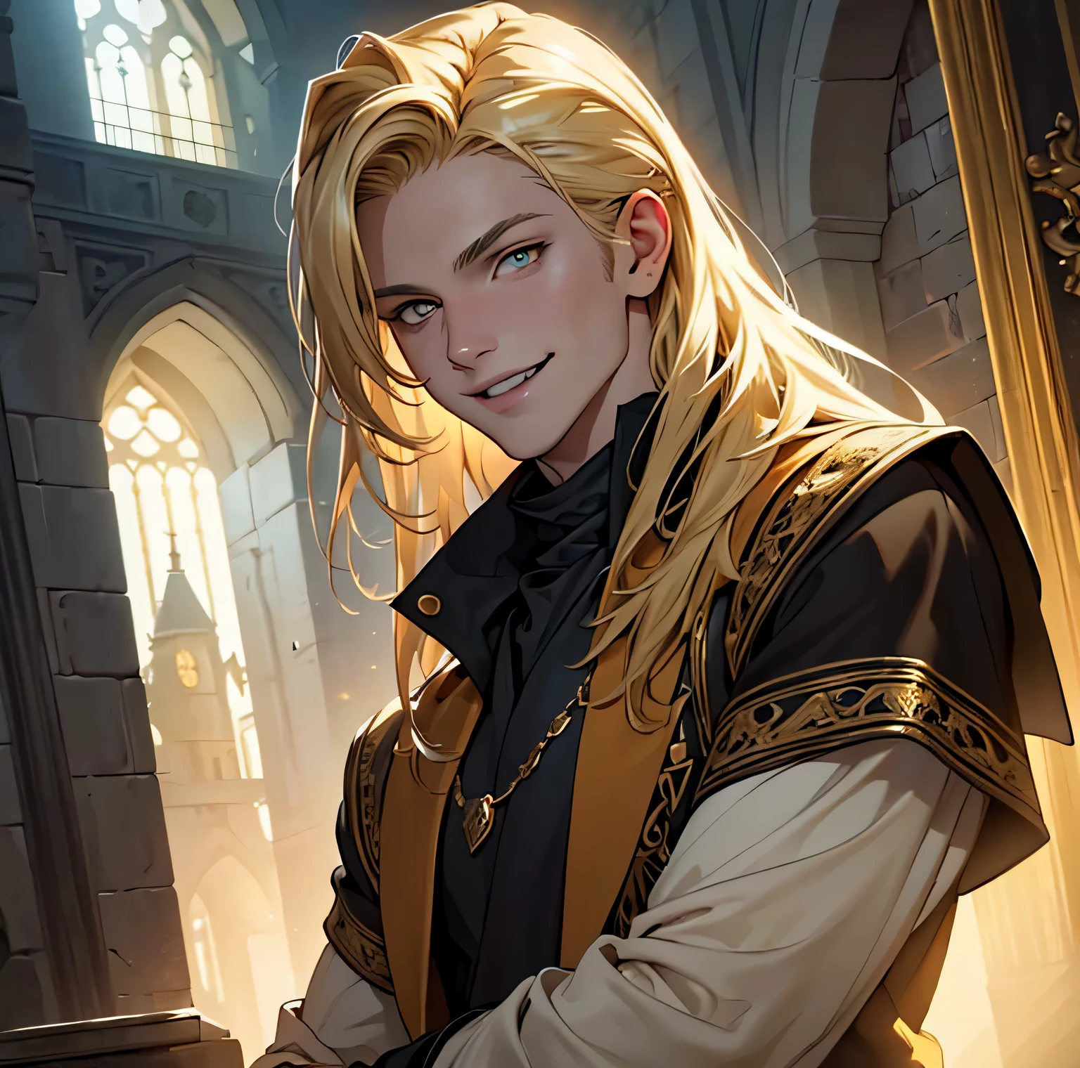 (best quality,realistic,highres:1.2) (best quality, 4k, 8k, high resolution, masterpiece: 1.2), ultra-detailed, male, a young man with fair skin, medium blonde hair, dressed medieval vampire outfit with straight hair. anatomically correct. bright golden yellow eyes, florest environment, sarcastic smile on face. age of .