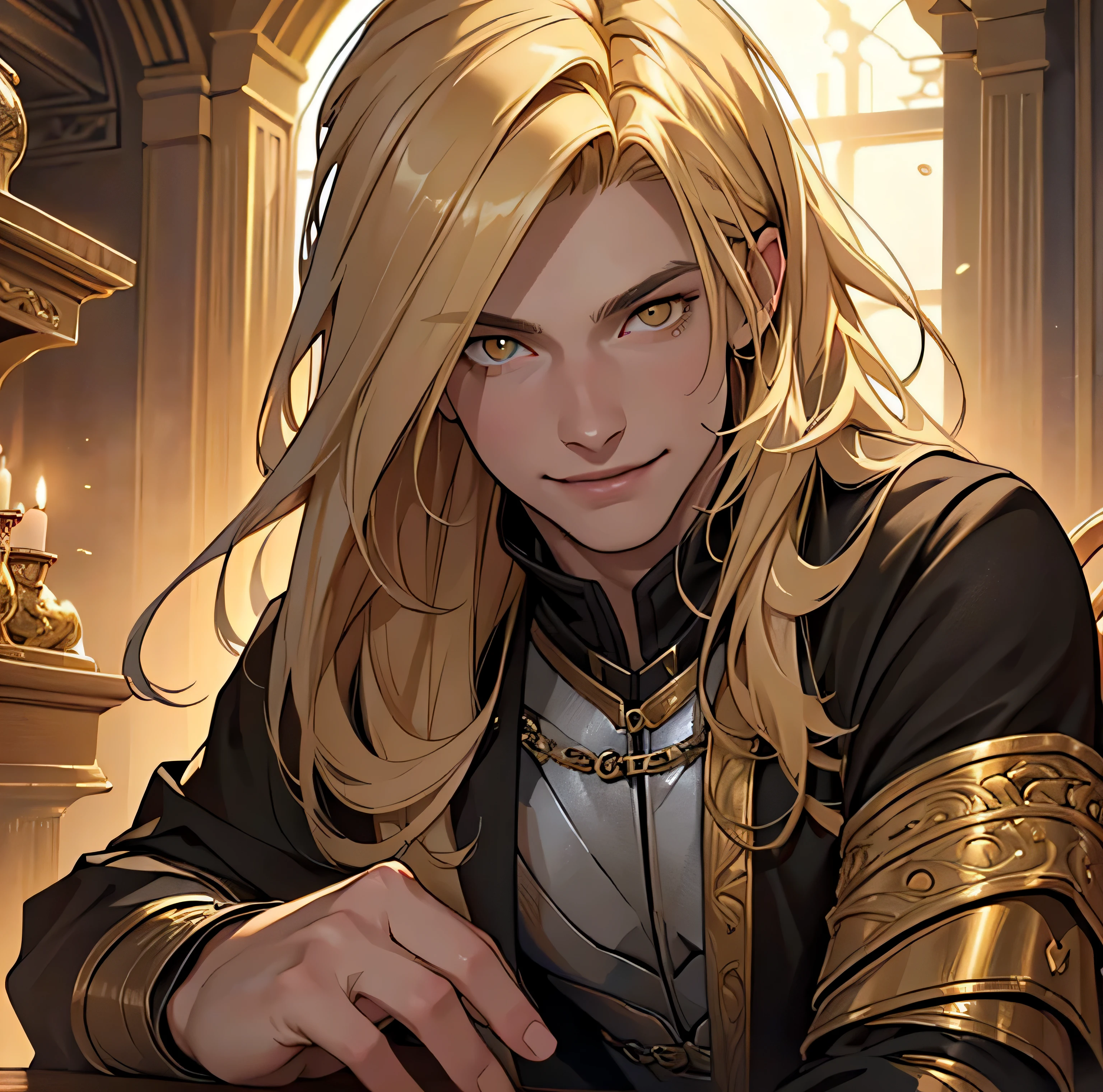 (best quality,realistic,highres:1.2) (best quality, 4k, 8k, high resolution, masterpiece: 1.2), ultra-detailed, male, a young man with fair skin, medium blonde hair, dressed medieval vampire outfit with straight hair. anatomically correct. bright golden yellow eyes, temple environment, sarcastic smile on face. age of sixteen.