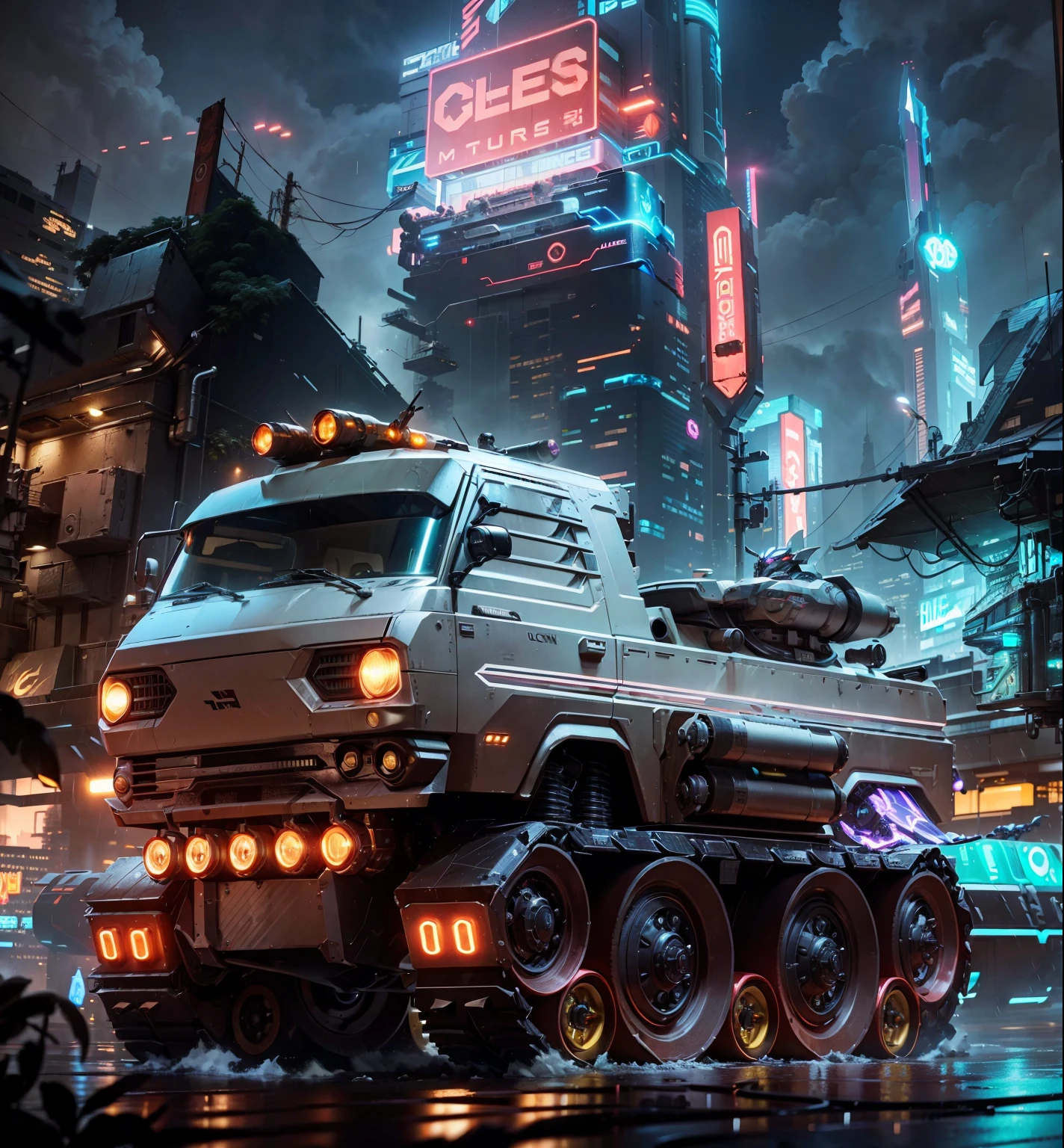 A super muscle armored sci fi vehicle in the foreground, behind are some cyber buildings and a super cyber tower and all the lights neon are on in the middle of the wet and foggy night