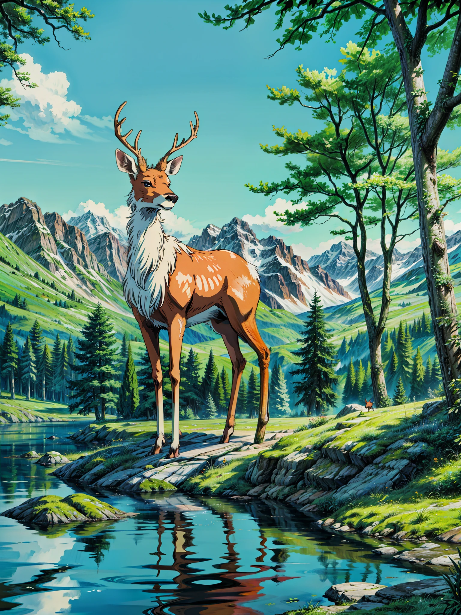 a deer standing on a log next to a river, deers drinking water in the lake, deers, magical forest backround, magical forest background, fantasy forest background, woodland background, nature background, among foxes and deer, deer, nature environment, natural landscape background, mystical forest background, landscape background, forest background, in picturesque forest diorama, 4k hd,, beautiful art uhd 4 k, a beautiful artwork illustration, beautiful digital painting, highly detailed digital painting, beautiful digital artwork, detailed painting 4 k, very detailed digital painting, rich picturesque colors, gorgeous digital painting