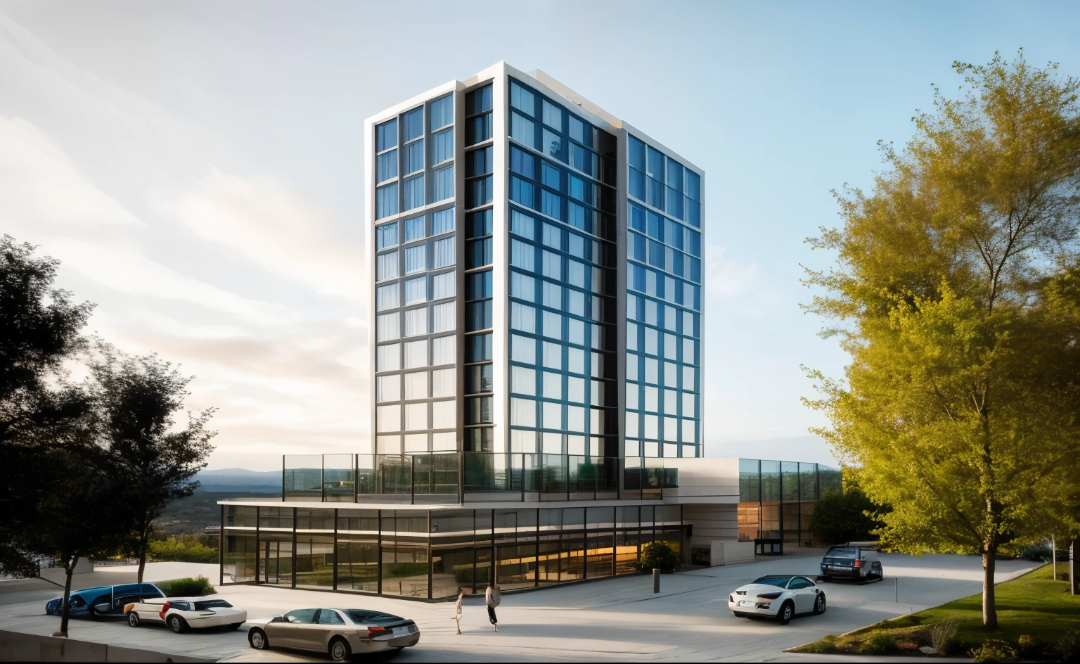 exterior of highrise hotel building, contemporary style, inspired of Norman Forster, glass with steel frame facade, 5 stars hotel design, beautiful landscape, stone pavement,cars, RAW photo, 8k uhd, dslr, soft lighting, high quality, film grain, Fujifilm XT3,masterpiece,