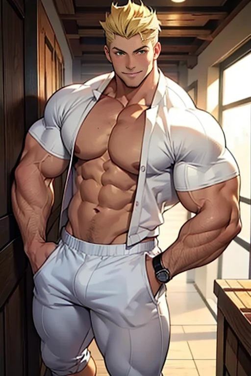 white male, blonde hair, muscular, tight white shirt, red pants, giant bulge, brown eyes, young male, anime style, sly smile, full body, perfect face, muscles, giant chest, huge visible bulge