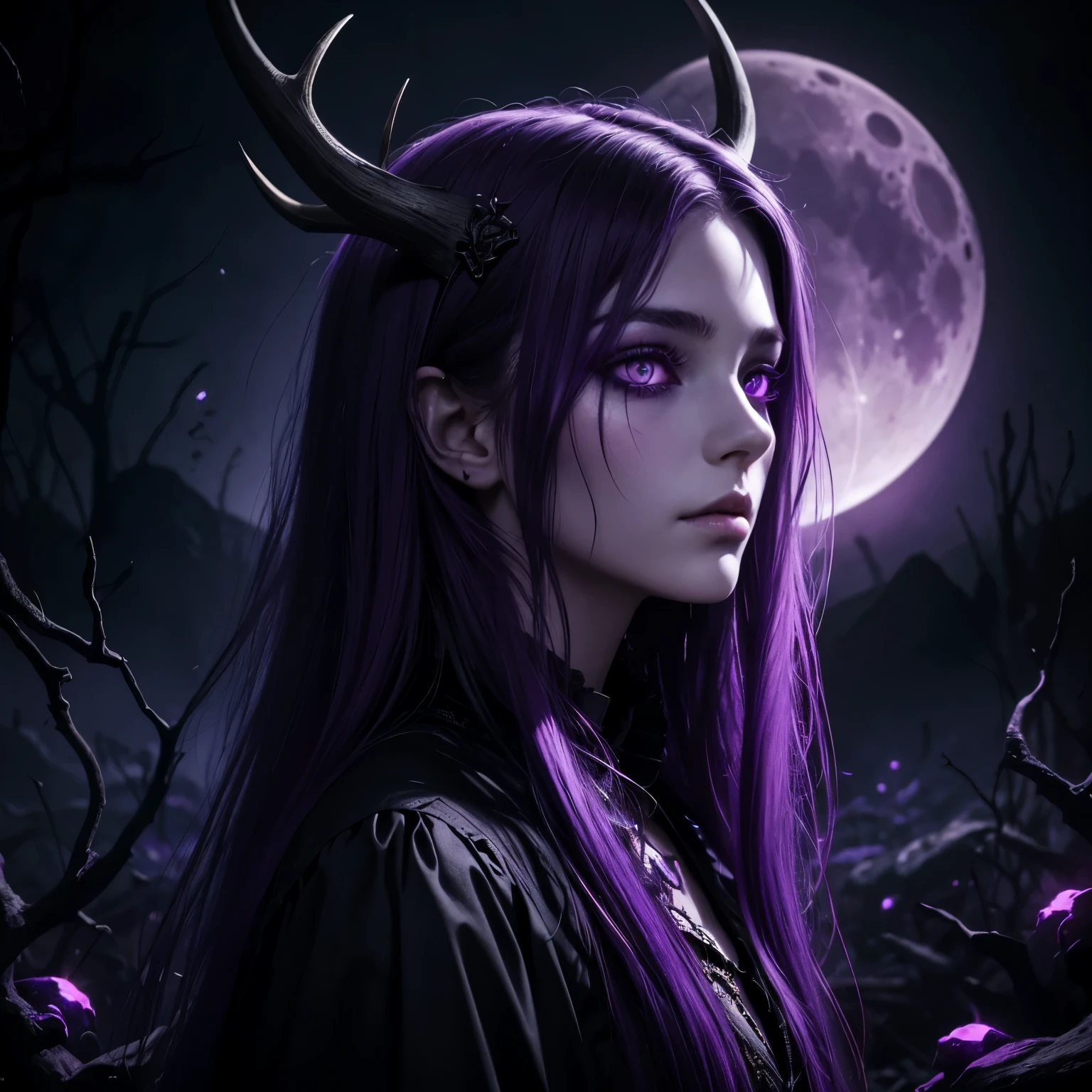 dark, unholy, evil, astral, creepy style, undead, rotting skin, mystical, nice perfect face with soft skin, young beautiful girl portrait, big purple moon, night, long hair, antlers, purple eyes, from side, light purple glow