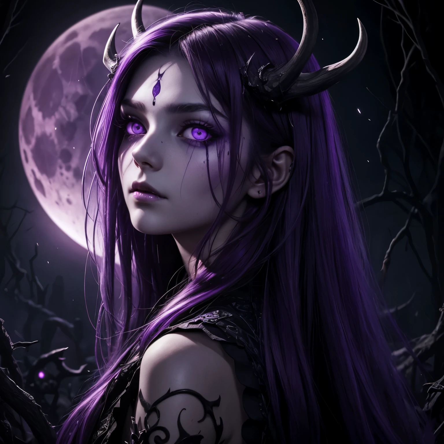 dark, unholy, evil, astral, creepy style, undead, rotting skin, mystical, nice perfect face with soft skin, young beautiful girl portrait, big purple moon, night, long hair, antlers, purple eyes, from side, light purple glow