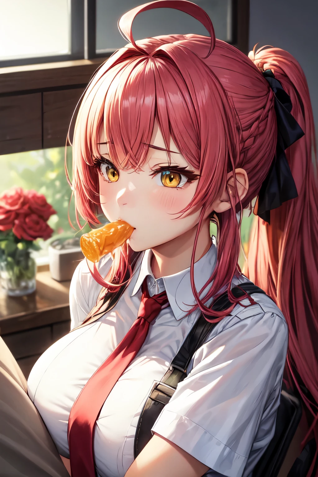 アヘface、front、Upper body、shirt and tie、Bulging breasts、face、Rose colored hair、medium long hair、hair braided back、It looks like a ponytail、amber yellow eyes、落ち着いたface、sharp eyes、blowjob、Sucking a dick、face面射精、massive 、