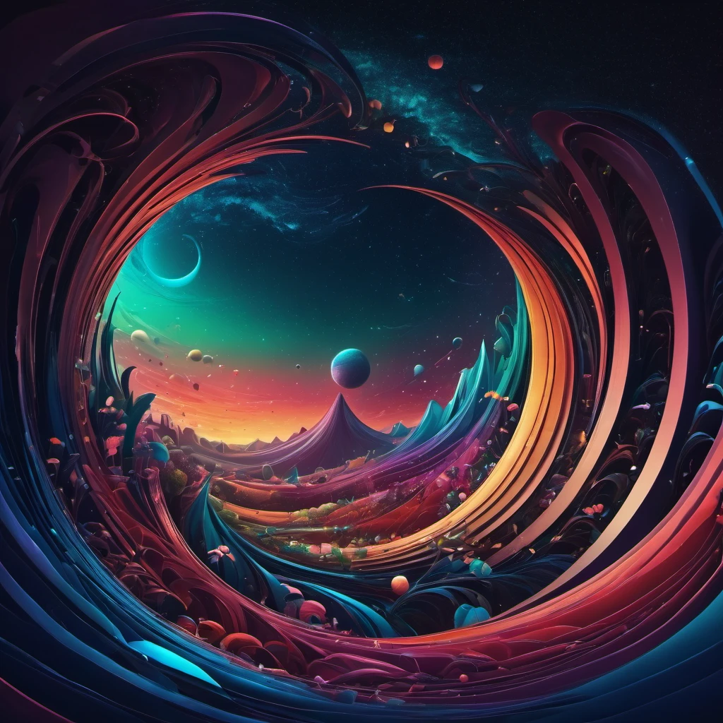 (best quality, highres, ultra sharp), magical Spring Morning, about the curvature of space time, art decostyle , full colored, 3d crunch, dark tones,