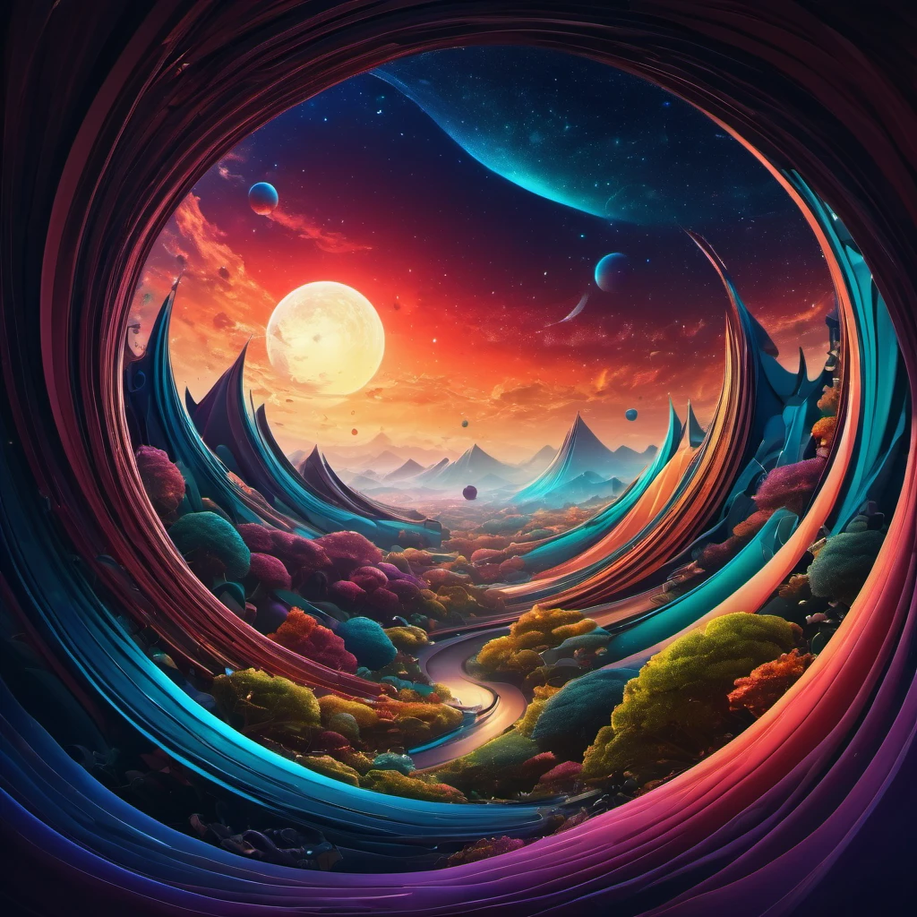 (best quality, highres, ultra sharp), magical Spring Morning, about the curvature of space time, art decostyle , full colored, 3d crunch, dark tones,