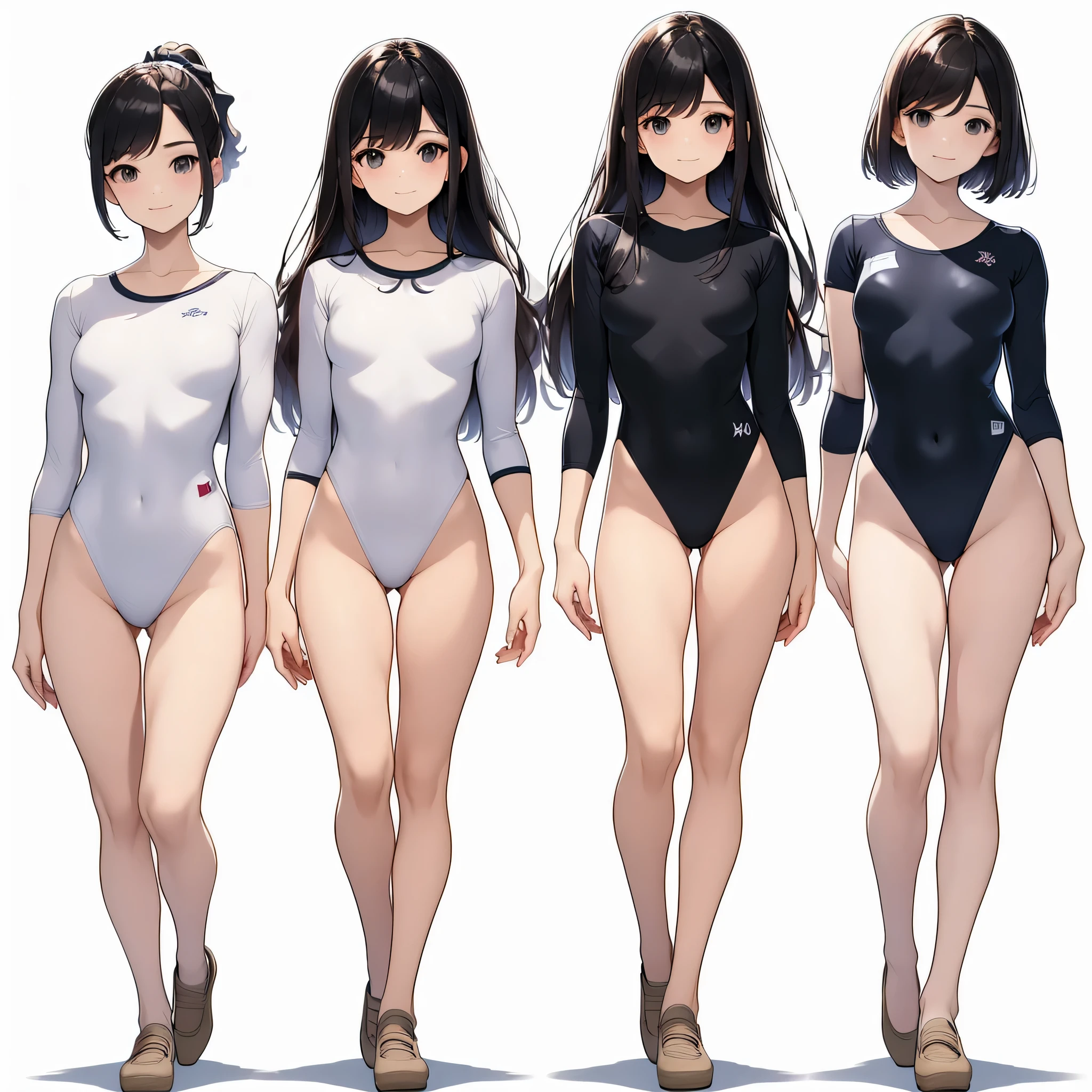 ((full body)),(masterpiece, best quality), (3 girls1.5) ,((Contrapposto:1.5)), looking at viewer, walking,((v_arms:1.2)), wearing gymnastics_longsleeves_leotard_outfit leotard:1.3),(black leotard) ,(solid leotard:1.3), BREAK masterpiece black hair, ((long hair:1.2)), ((parted bangs:1.3)), black eyes, good hand, ((small breasts)), (over 20 years old, under 25 years old:1.2), , spotlight, happy, smile, BREAK in the class room