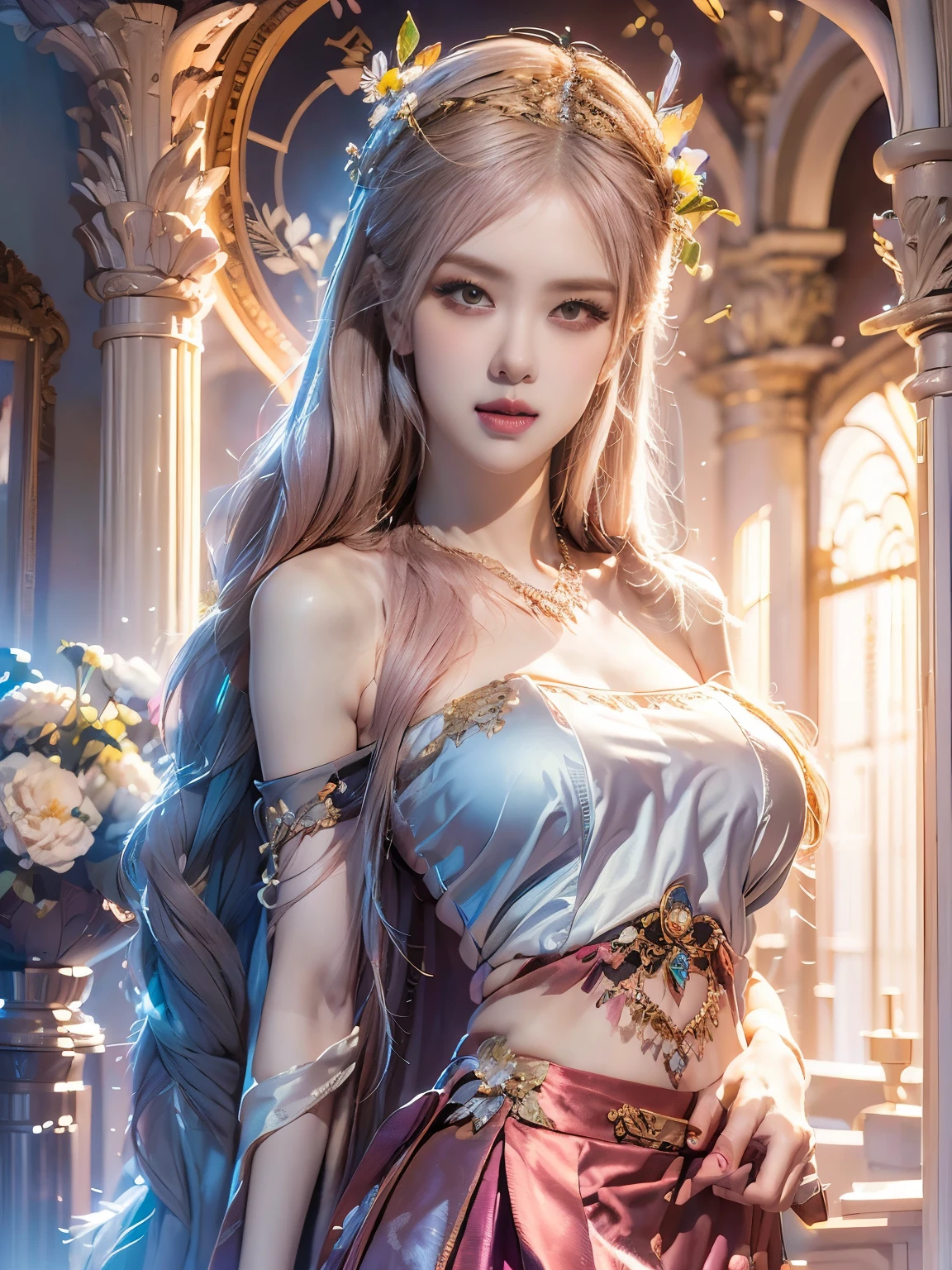 A ((((close-up ))))sexy young woman,((((in brilliant crystals)))),big round breasts,big ass,hips up,sexy figure, provocative expressions, sexy pose, sexy figure, seductive face, Detailed face,Detailed eyes,((Foreground)),Cute face,((in the wedding hall)),((front view of the body)), (( Foreground 1.2)),((30 years)),((highly Detailed)),((close-up)),((((body in frame)))),((posing for a photo)),((holding flowers)),8 k, masterpiece, RAW photo, Best quality, Detail:1.2),Photorealistic, extremely Detailed CG unity 8 k wallpaper, Lens flare, (Incredibly beautiful face, Beautiful red lips, beautiful eyes), intricate Detail face, ((ultra Detailed skin)), 1 girl, deep shadow, beautiful girl, (slim, fit, muscular body:1.3), ((I look at the viewer)), (Big smile), (laced dress), tights, Clear eyes, to walk, Facing forward, (((big brown eyes))), ((upper body shot)), dress, laced dress, turning back, backshot, very thin, slander, ((pink hair over shoulder)), (((white: Gold: skirt dress: gloves lace)))))), 3d, Rich colors, (black makeup:1.3), (lace stockings with garters, Cord trim, lace), (Intricate Detailed multi-layer bodysiut lacy lace-upp), necklace, bracelets,((close-up))