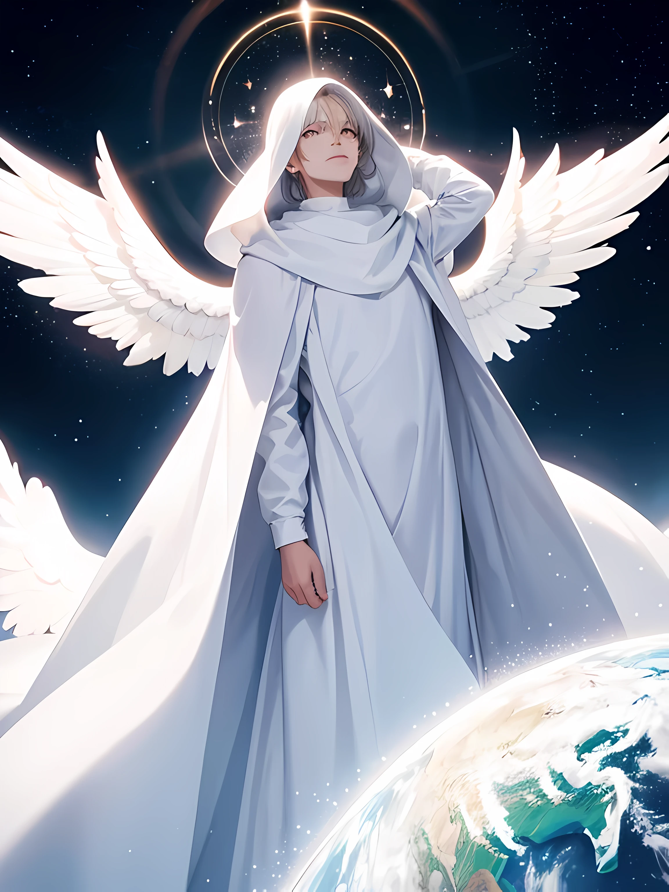 an angel standing proudly in front of the earth, the background of light is very bright, charismatic, all white, angel, outer space, his face is radiant, his face is covered in light, wearing an all-white robe that covers the whole body, robe, ultra detailed image, high res, without face