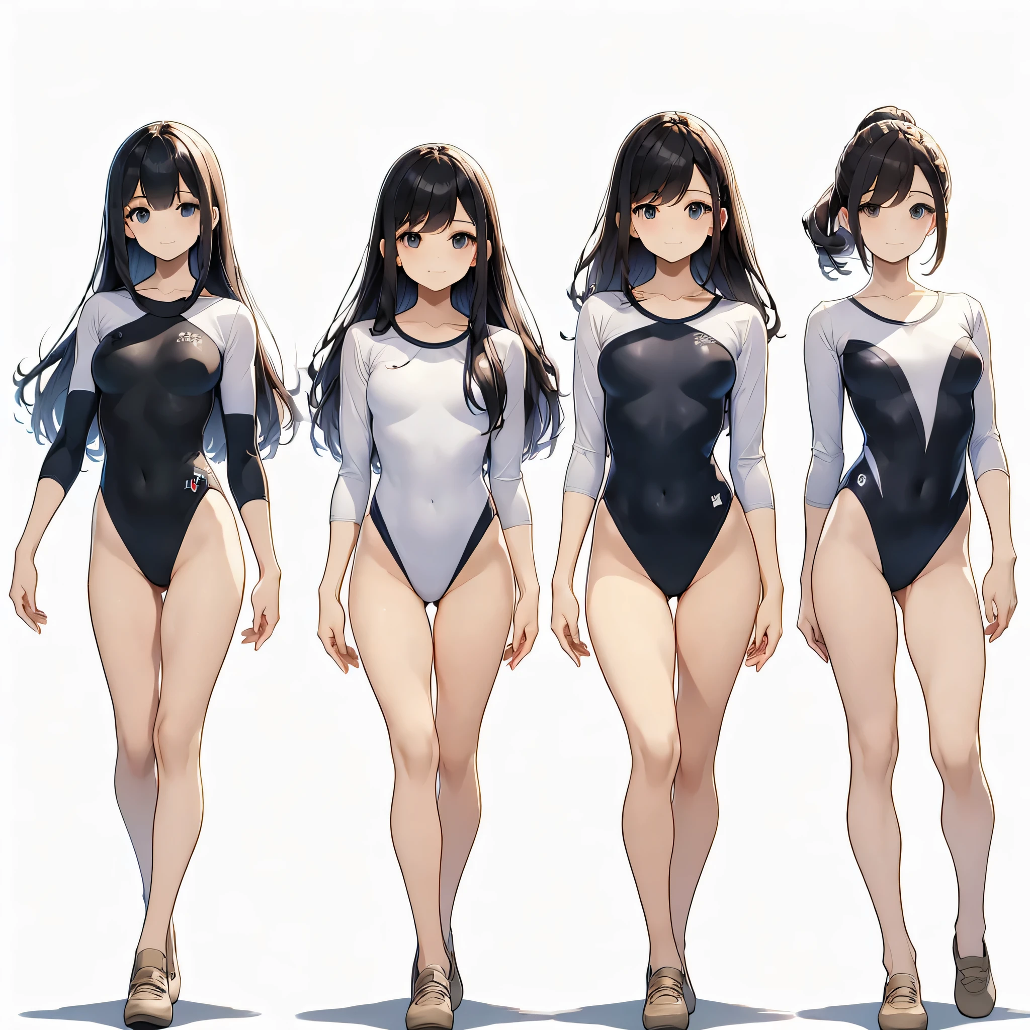 ((full body)),(masterpiece, best quality), (3 girls1.5) ,((Contrapposto:1.5)), looking at viewer, walking,((v_arms:1.2)), wearing gymnastics_longsleeves_leotard_outfit leotard:1.3),(black leotard) ,(solid leotard:1.3), BREAK masterpiece black hair, ((long hair:1.2)), ((parted bangs:1.3)), black eyes, good hand, ((small breasts)), (over 20 years old, under 25 years old:1.2), , spotlight, happy, smile, BREAK in the class room