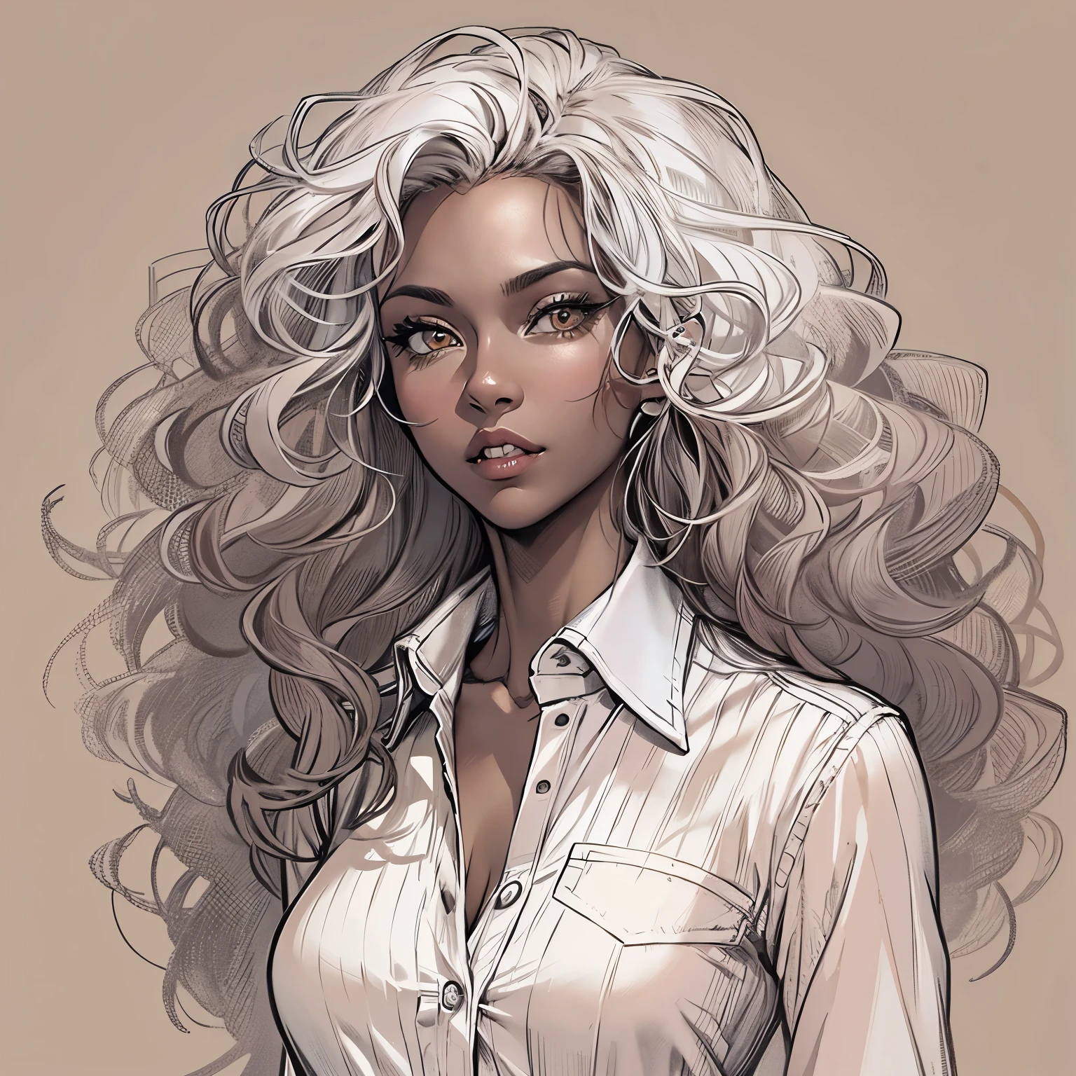 Create a high-quality sketch of a stunning 29-year-old woman with dark brown skin standing directly in front of the viewer. She has brown eyes, long curly white hair, and distinctive vampire fangs. Her physique is beautifully curved, and she is dressed in a fitted, long-sleeved button-up shirt dress. The background should be shaded with shadows to add depth to the sketch, and the lighting should enhance the overall composition. Aim for the highest quality in execution, making it a masterpiece.