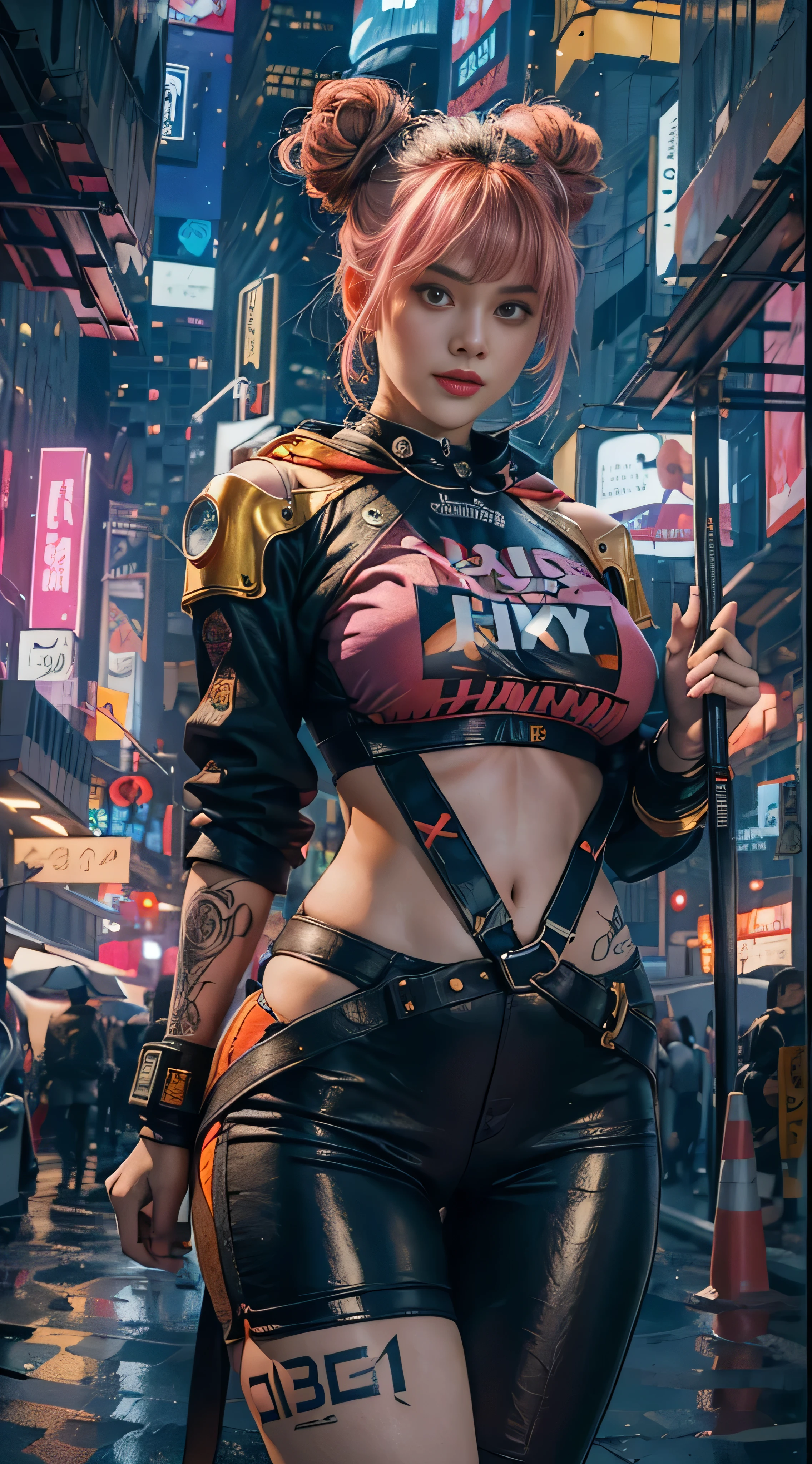 masterpiece, maximum quality, ultra high resolution, 8k, a girl,beauty,21years old,fair skin, extremely beautiful,strong gaze, alone,bust portrait,cyberpunk outfit, extremely detailed face, detailed eyes, mischievous smile, cheerful, realistic photo, totally realistic, human pelle, studio lighting,golden ratio body, wide hips,perfect legs, big ass,pink hair, double buns,blunt bangs,orange and white clothing,D-cup breasts,in the cyberpunk city,cyberpunk city background,((night)),rain,side pose,tattoos,happy