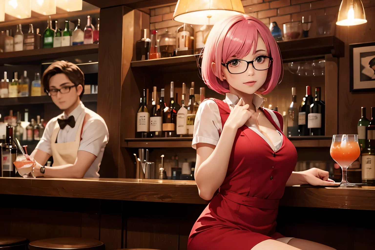Pub with nice indirect lighting, woman in red dress with pink bob cut sitting on a chair at the counter sipping a cocktail in a cocktail glass,
A male waiter across the counter wipes glasses with a white cloth.