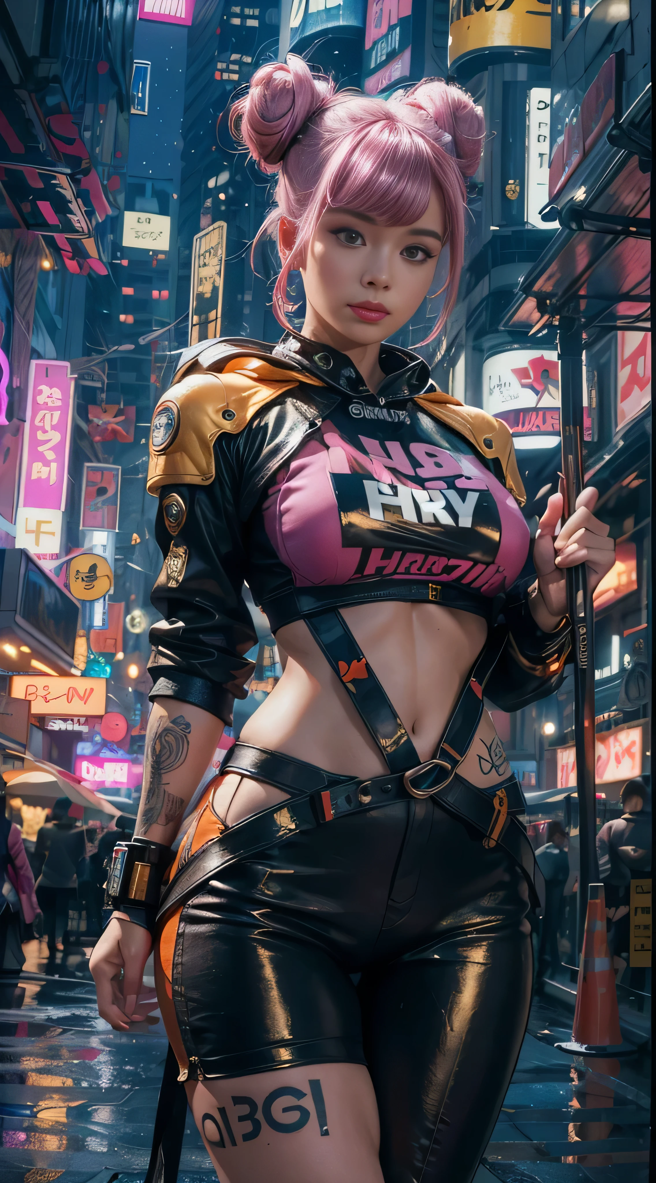 masterpiece, maximum quality, ultra high resolution, 8k, a girl,beauty,21years old,fair skin, extremely beautiful,strong gaze, alone,bust portrait,cyberpunk outfit, extremely detailed face, detailed eyes, mischievous smile, cheerful, realistic photo, totally realistic, human pelle, studio lighting,golden ratio body, wide hips,perfect legs, big ass,pink hair, double buns,blunt bangs,orange and white clothing,D-cup breasts,in the cyberpunk city,cyberpunk city background,((night)),rain,side pose,tattoos,happy