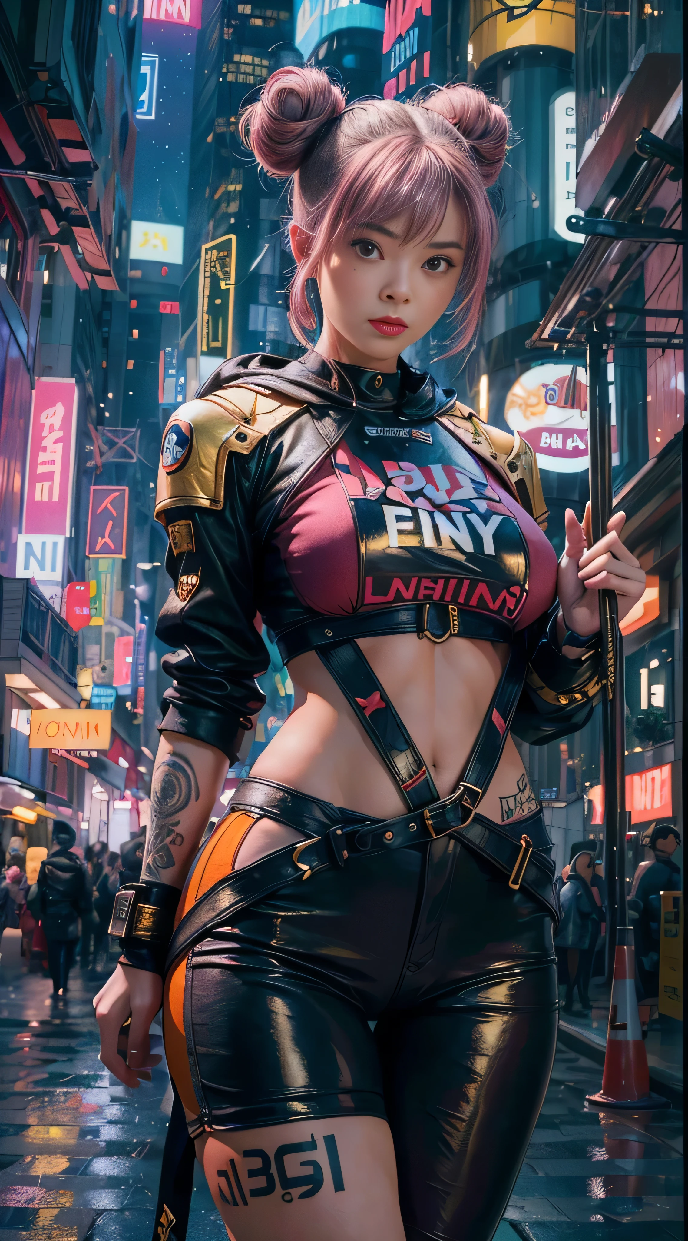 masterpiece, maximum quality, ultra high resolution, 8k, a girl,beauty,21years old,fair skin, extremely beautiful,strong gaze, alone,bust portrait,cyberpunk outfit, extremely detailed face, detailed eyes, mischievous smile, cheerful, realistic photo, totally realistic, human pelle, studio lighting,golden ratio body, wide hips,perfect legs, big ass,pink hair, double buns,blunt bangs,orange and white clothing,D-cup breasts,in the cyberpunk city,cyberpunk city background,((night)),rain,side pose,tattoos,happy