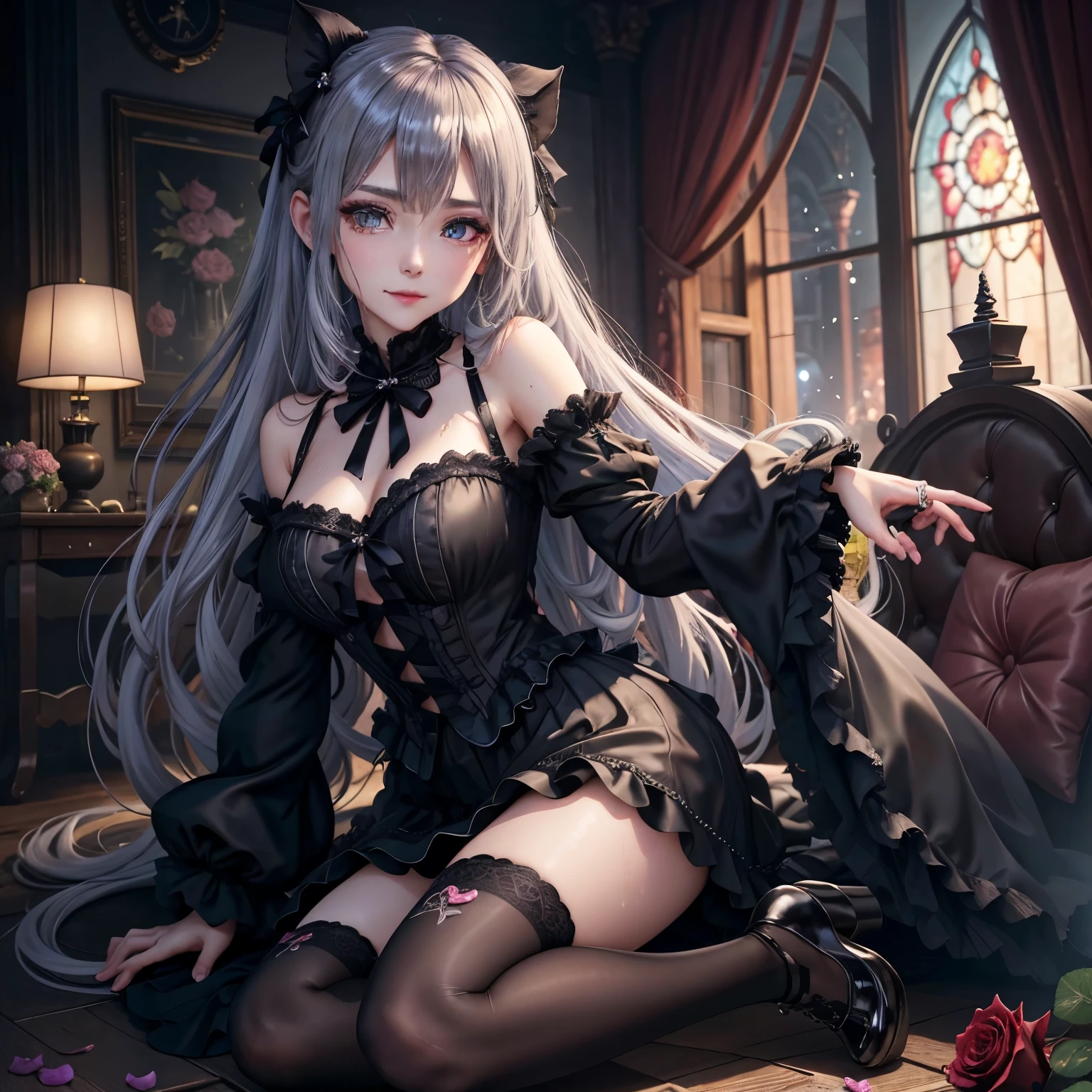 ハードdark gothicメイク、Insanity、deep night sky、horror、black dark eyeshadow、cry、grieve、Good skin glow、dark gothicメイク、dark smile、restless palace、fragrant beauty、22 years ago、lure、Expression of intense sexual pleasure、embarrassed look、dark gothic、lewd expression、debris flies、highest quality、Browse 5 books、Expression of sexual pleasure in suffering、drunk face、purple maid outfit、Mysterious、Noble、A face that is holding back the toilet、super sexy、loving smile、twin tail hair、jet black ruffle skirt、right blue eye, left eye is red、バラで覆われたゴシック様modeのベッド、Super bewitching pose、stick out your butt、platform heel shoes、dark makeup、black lipstick、Stained glass、black metal world、open your legs loosely、make the world beautiful、sit on a bed of roses、gothic lolita clothing、comb hair、A little slender、silver hair、long hair straight hair、cute gothic lolita dress、beautiful face、elegant face、bewitching face、knee high socks、Stained glassが背景、My chest is shiny from a lot of sweat、the room is dark、goth long dress、bell sleeve、wizard sleeve、decadent look、sexually excited look、part of hair、mode、ゴシックmode、Glossy thighs wet with water、Thighs wet and shiny with oil、Background of a room full of roses、sad expression、Rose Maiden、embroidery is pink、The costume has pink embroidery、thigh high socks、kneel down、Place your knees on the floor、knee high socks、Her thighs shine with a lot of sweat.、kneel down、Iの体は濡れて輝いています、Lots of glitter on the thighs、I&#39;Iはたくさん汗をかいています、A lot of sweat and stickiness on the thighs、Sweat glistens on my thighs, The whole body is sweaty and shiny、pretty sweaty、My thighs are sweaty、Iの太ももはとても濡れています、I sweat a lot and my thighs are shiny.、A large amount of sweat shines all over the body、kneel down、From right arm to crotch、、spread your legs wide、slender body、gentle expression、masturbation behavior、deep black eyeshadow、despicable act、Stained glassと薔薇背景、wearing black underwear、black panties、thighs are a little thin、duo、female couple、I have lesbian friends、Are standing、standing position、