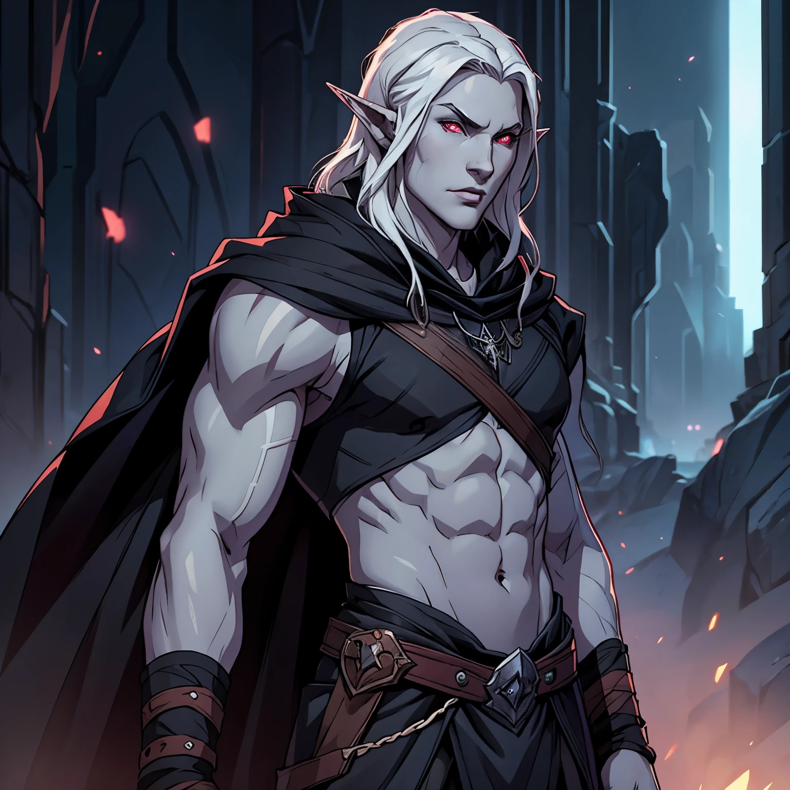 drow, male, pointy ears, solo, elf,tight sleeveless shirt, hood, colored skin, midriff, looking at viewer, long hair, cloak, dark elf, shoulder length white hair, cape, hooded cloak, belt, pouch, red eyes, grey skin, red eyes, upper body,glowing eyes, magenta lips, ((masterpiece, best quality)), art by greg rutkowski, trending on artstation