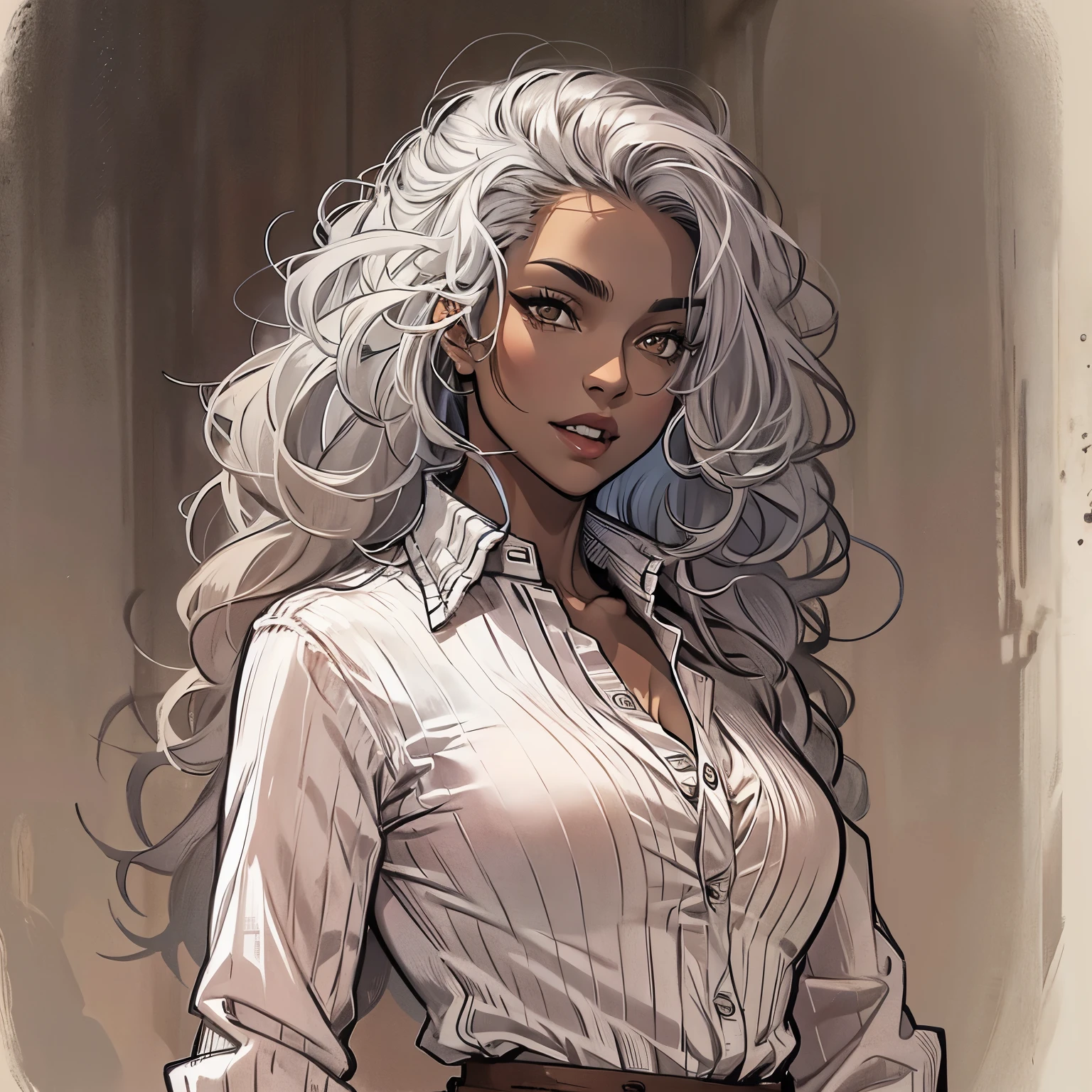 Create a high-quality sketch of a stunning 29-year-old woman with dark brown skin standing directly in front of the viewer. She has brown eyes, long curly white hair, and distinctive vampire fangs. Her physique is beautifully curved, and she is dressed in a fitted, long-sleeved button-up shirt dress. The background should be shaded with shadows to add depth to the sketch, and the lighting should enhance the overall composition. Aim for the highest quality in execution, making it a masterpiece.