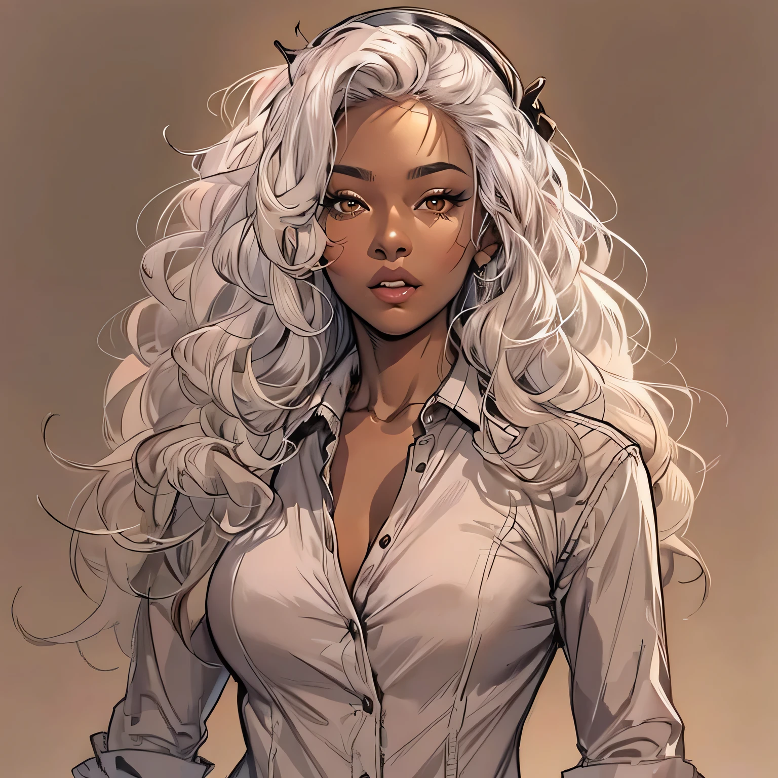 Create a high-quality sketch of a stunning 29-year-old woman with dark brown skin standing directly in front of the viewer. She has brown eyes, long curly white hair, and distinctive vampire fangs. Her physique is beautifully curved, and she is dressed in a fitted, long-sleeved button-up shirt dress. The background should be shaded with shadows to add depth to the sketch, and the lighting should enhance the overall composition. Aim for the highest quality in execution, making it a masterpiece.