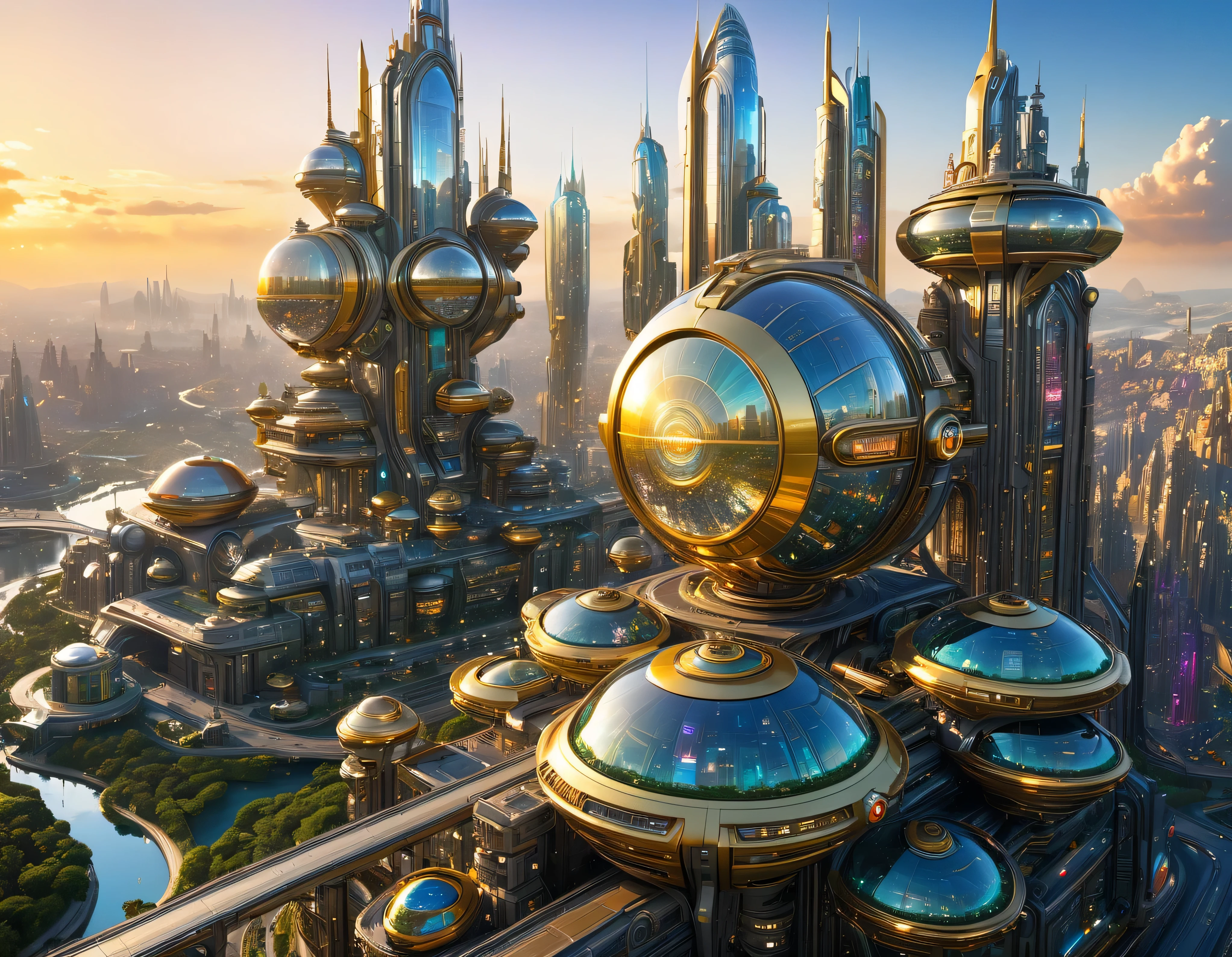 (golden hour lighting), megacity, megalopolis of an imaginary world of science fiction , parecido a una disneylandia futurista, and maximum fantasy, con inmensos edificios y rascacielos ovalados y dodecaedricos agrupados de metal y cristal donde predomina el diamante y los anuncios luminosos de colores. imagen bien definida 8k, (intrincados detalles de la maquina), con muchos edificios juntos.(obra maestra de superior calidad).(imagen fotorrealista), nitidez absoluta hasta el fondo